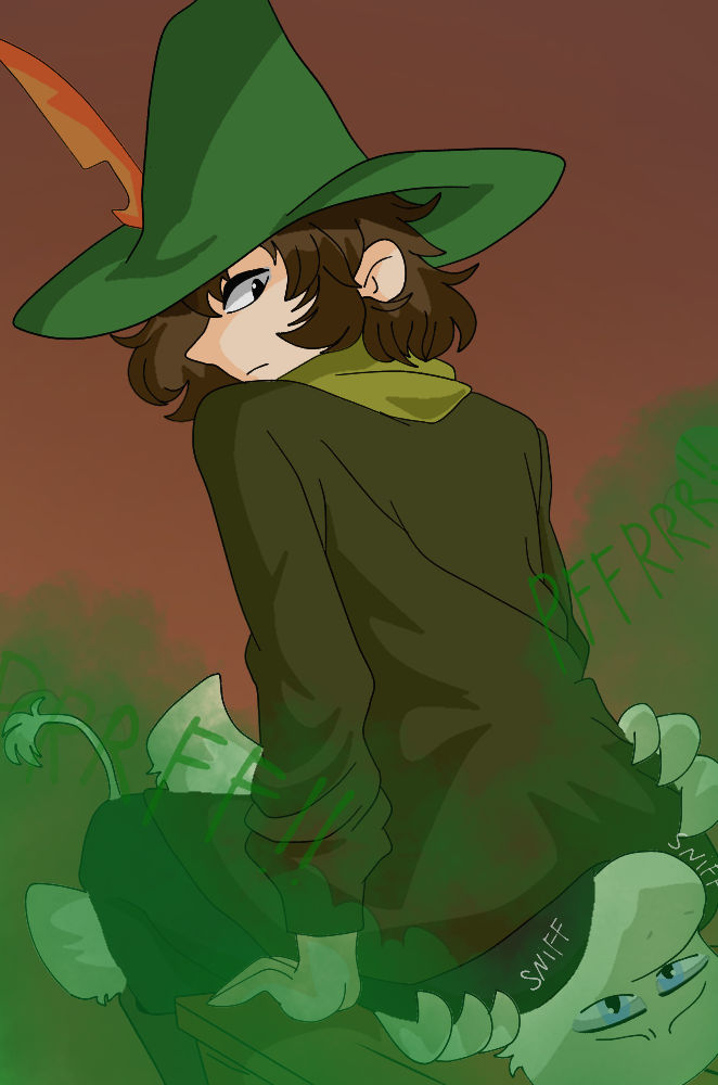 2024 2boys brown_clothing brown_hair fart fart_cloud fart_fetish fart_sniffing farting farting_in_face farting_on_another green_fart green_hat moomin oc_x_canon onomatopoeia rustle_(kaithedumbass02) self_insert simple_background snufkin the_moomins yellow_fur