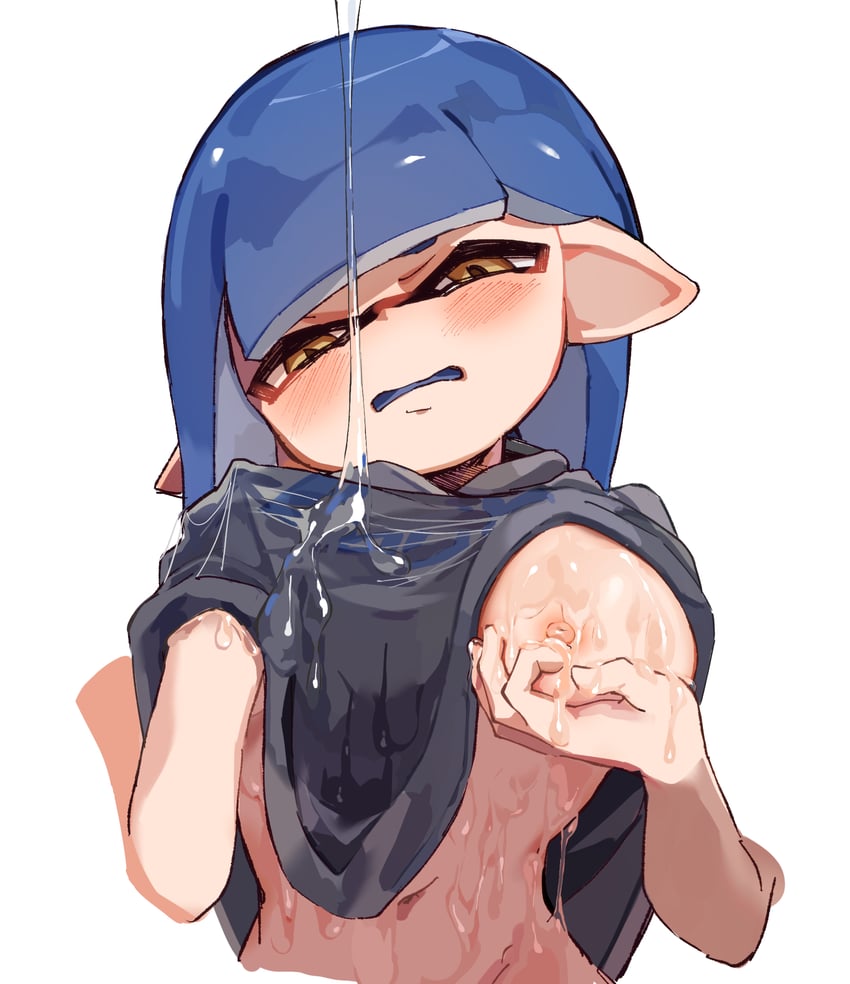 1girls bangs blue_hair blue_tongue blunt_bangs blush breast_hold breasts clothes_lift colored_tongue disembodied_limb female fummatsu_soosu grabbing_own_breast grey_hoodie hand_under_clothes hand_under_shirt highres hood hoodie hoodie_lift inkling inkling_girl inkling_player_character lifted_by_self lotion lube lube_on_breasts medium_breasts navel nipple_stimulation nipple_tweak nipples no_bra one_breast_out open_mouth pointy_ears shirt solo solo_female solo_focus splatoon splatoon_(series) tentacle tentacle_hair white_background yellow_eyes