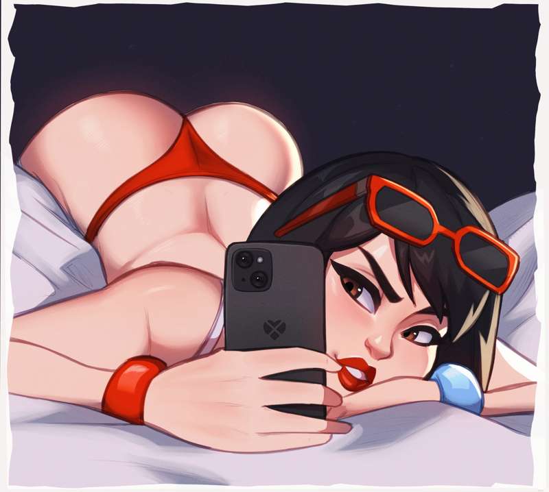 1girl ass_up black_hair brown_eyes evie_(fortnite) female female_only fortnite glasses glasses_on_head holding_object holding_phone magaska19 selfie short_hair tagme underwear