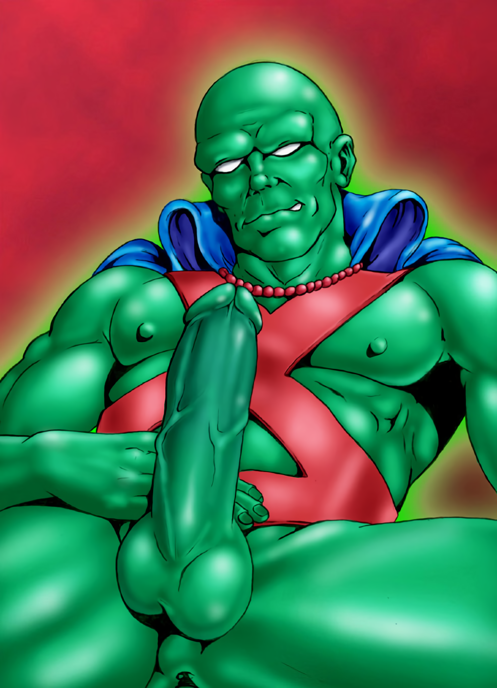 1boy balls cock dc dc_comics erection exhibitionism green_skin john_jones male male_focus male_only martian_manhunter muscles nipples penis perineum pittman smirk solo solo_male taint