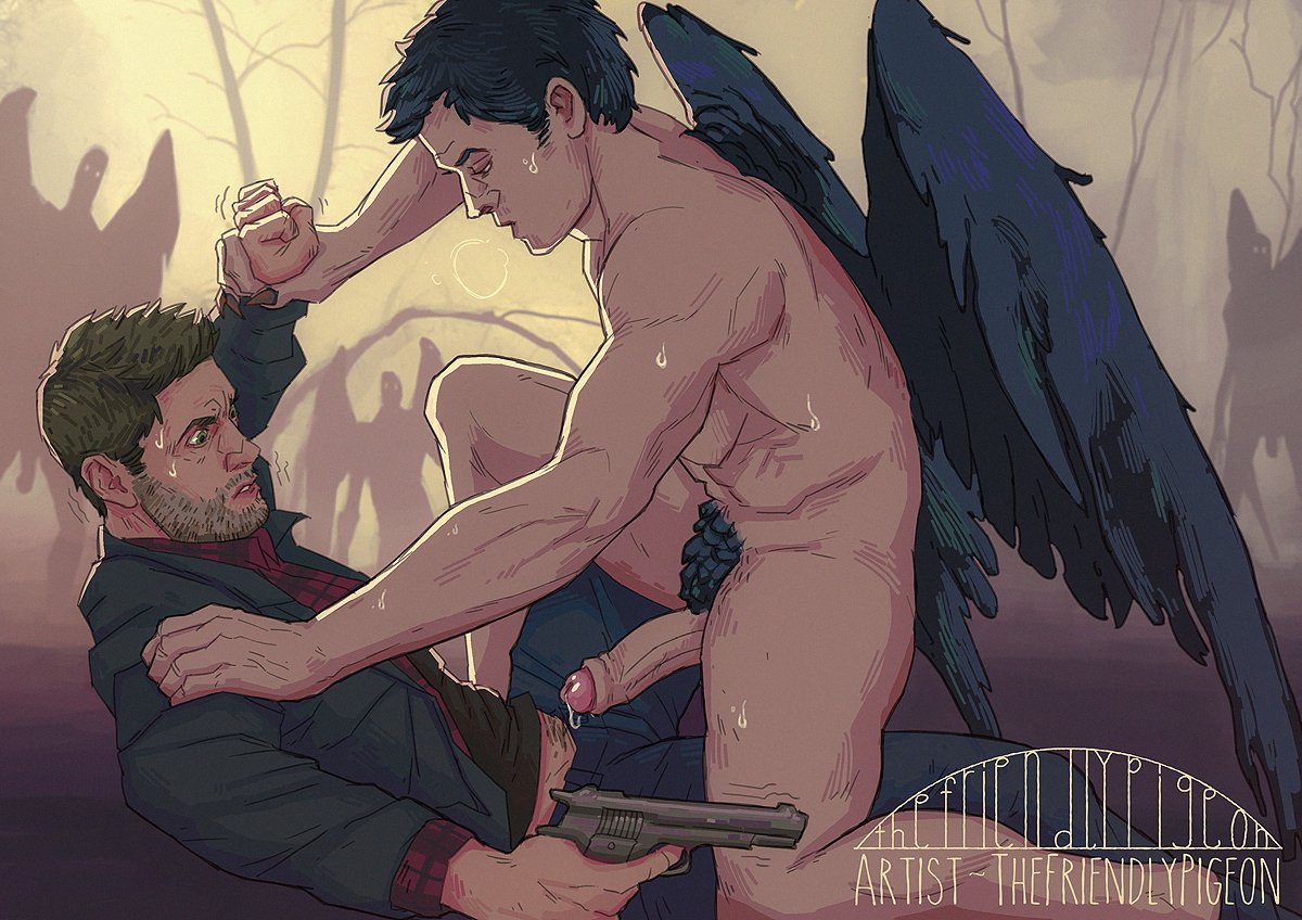 actor angel angel_wings artist_signature bara beard beard_stubble biceps big_penis black_hair black_wings blue_eyes brown_hair bulge castiel castiel_(supernatural) celebrity claws clothed clothing completely_nude cum cum_drip cum_dripping dean_winchester dominant_male domination erect_penis erection facial_hair friskypigeon gay grabbing grabbing_wrists green_eyes gun human imminent_sex in_character jacket jensen_ackles light-skinned_male light_skin looking_at_partner looking_at_penis looking_surprised male male/male male_only misha_collins multiple_boys muscular muscular_male naked naked_male nude nude_male outdoors pants plaid_shirt precum pubic_hair questionable_consent shadow shivering silhouette struggling stubble supernatural_(series) surprise surprised_expression sweat sweatdrop sweating t-shirt trees yaoi