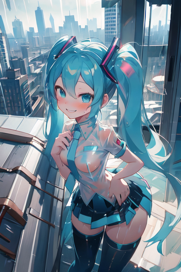 1girls above_view ai_generated aqua_eyes aqua_hair artist_request black_thighhighs blue_eyes blue_hair blush button_up_shirt city city_background collared_shirt cute cyan_eyes cyan_hair cyan_tie daytime egirl female fringe hatsune_miku long_twintails looking_at_viewer morning no_bra pale-skinned_female petite pixai rain raining rainy rooftop seductive_look see-through_clothing see_through short_girl skirt slim smile smiling smiling_at_viewer teenager thighhighs tie twintails vocaloid wet wet_body wet_clothes wet_hair