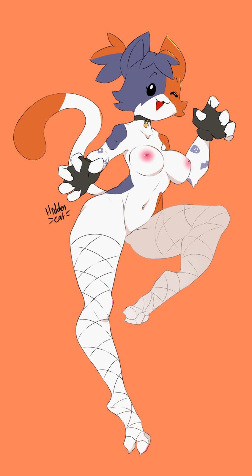 1girls, anthro, breasts, cate meowdy (fortnite), claws, collar, feline, female, fingerless gloves, fishnet legwear, fishnets, fortnite, furry, gloves, hidden-cat, inverted nipples, leg up, looking at viewer, navel, nipples, nude, orange background, ponytail, simple background, smile, solo, tail, tattoo, wink