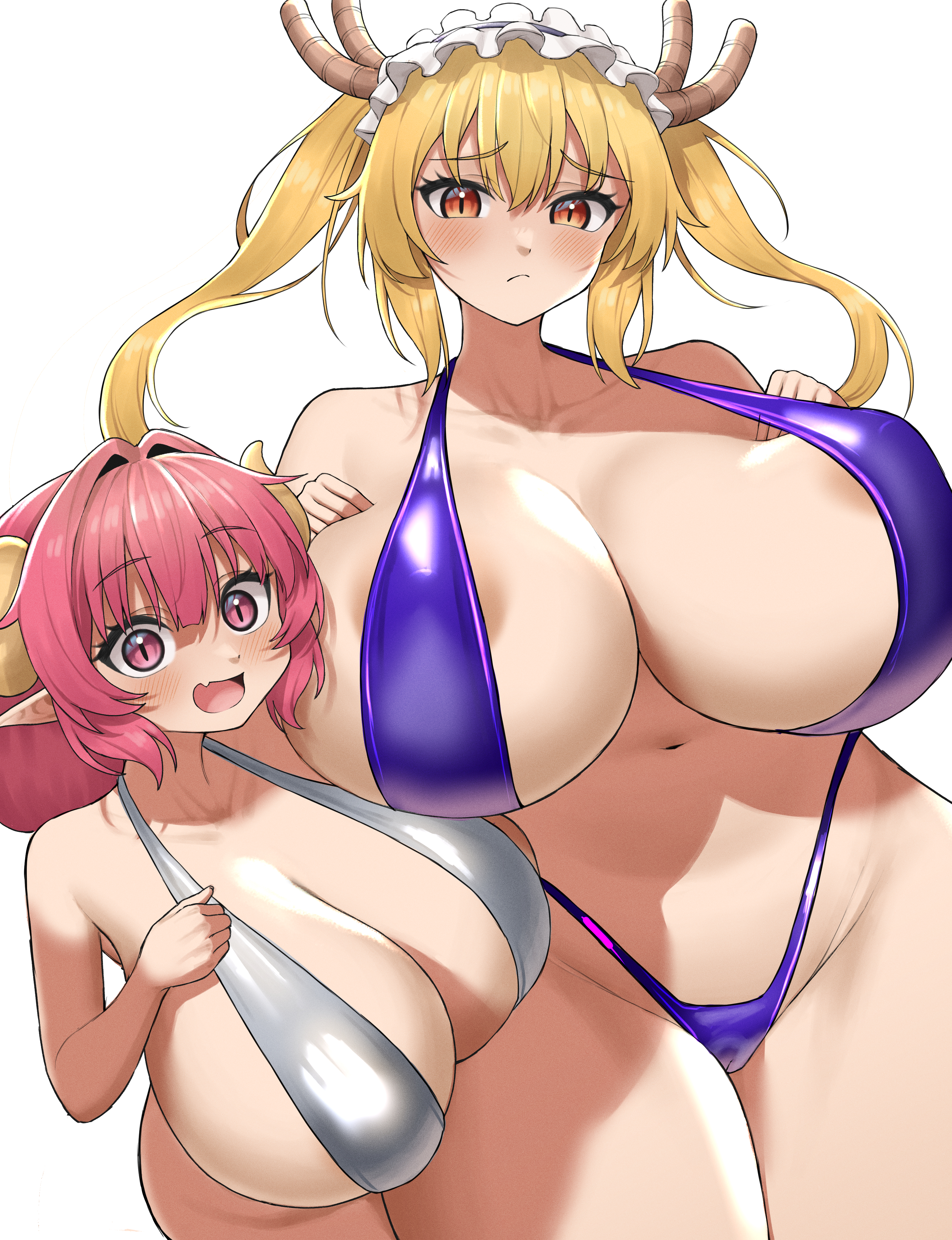 2girls, alternate breast size, areola slip, bikini, blonde hair, blush, breasts, breasts bigger than head, cleavage, dragon girl, dragon horns, duo, eyebrows visible through hair, female, female only, front view, horns, huge breasts, hyper breasts, ilulu (dragon maid), large breasts, looking at viewer, maid headdress, mik4, miss kobayashi's dragon maid, multiple females, multiple girls, oerba yun fang, open mouth, pointy ears, red hair, size difference, skimpy bikini, skimpy swimwear, sling bikini, smile, standing, swimsuit, tohru (dragon maid), white background