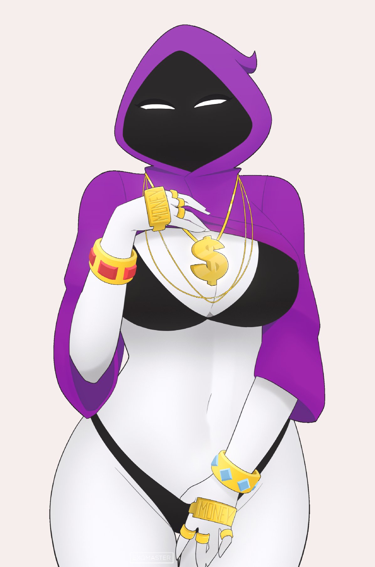 1girls big_breasts bikini bra cleavage cropped_hoodie curvy exqmaster gold_jewelry hood masked meme panties pulling_panties purple_clothing shaded_face shadow_wizard_money_gang solo thick_thighs white_body white_eyes white_skin