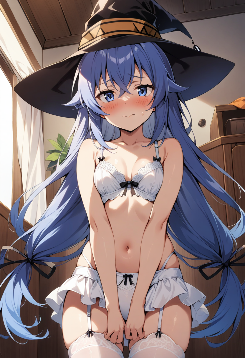 1girls ai_generated blue blush braids female female_only from_below garter_straps hair indoors mushoku_tensei mushoku_tensei:_isekai_ittara_honki_dasu nervous_smile roxy_migurdia sensitive small_breasts solo underwear very_long_hair witch_hat