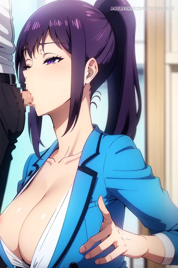 ai_generated blowjob breast_press censored_penis edit eyes_half_open hands_on_breasts korean_female large_breasts long_hair looking_pleasured on_knees oral oral_sex ponytail purple_eyes purple_hair school_uniform schoolgirl solo_leveling sung_jin-ah