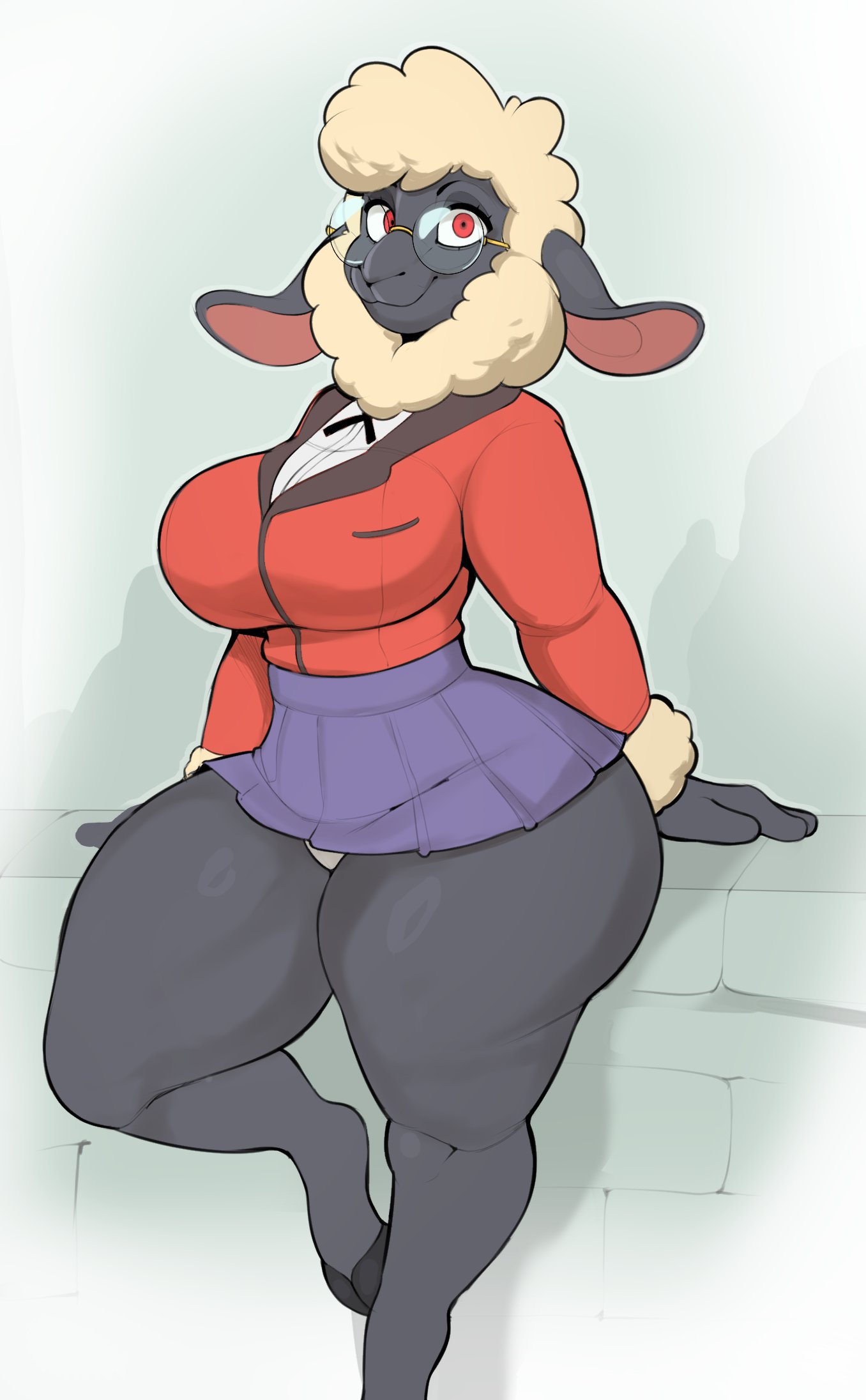 anthro big_breasts black_body bottomwear bovid breasts caprine clothed clothing cloven_hooves curvy_figure eyebrows eyewear female fingers fur glasses hi_res hooves mammal miniskirt panties red_eyes sheep skirt solo thick_thighs topwear underwear usnarbit wide_hips wool_(fur)