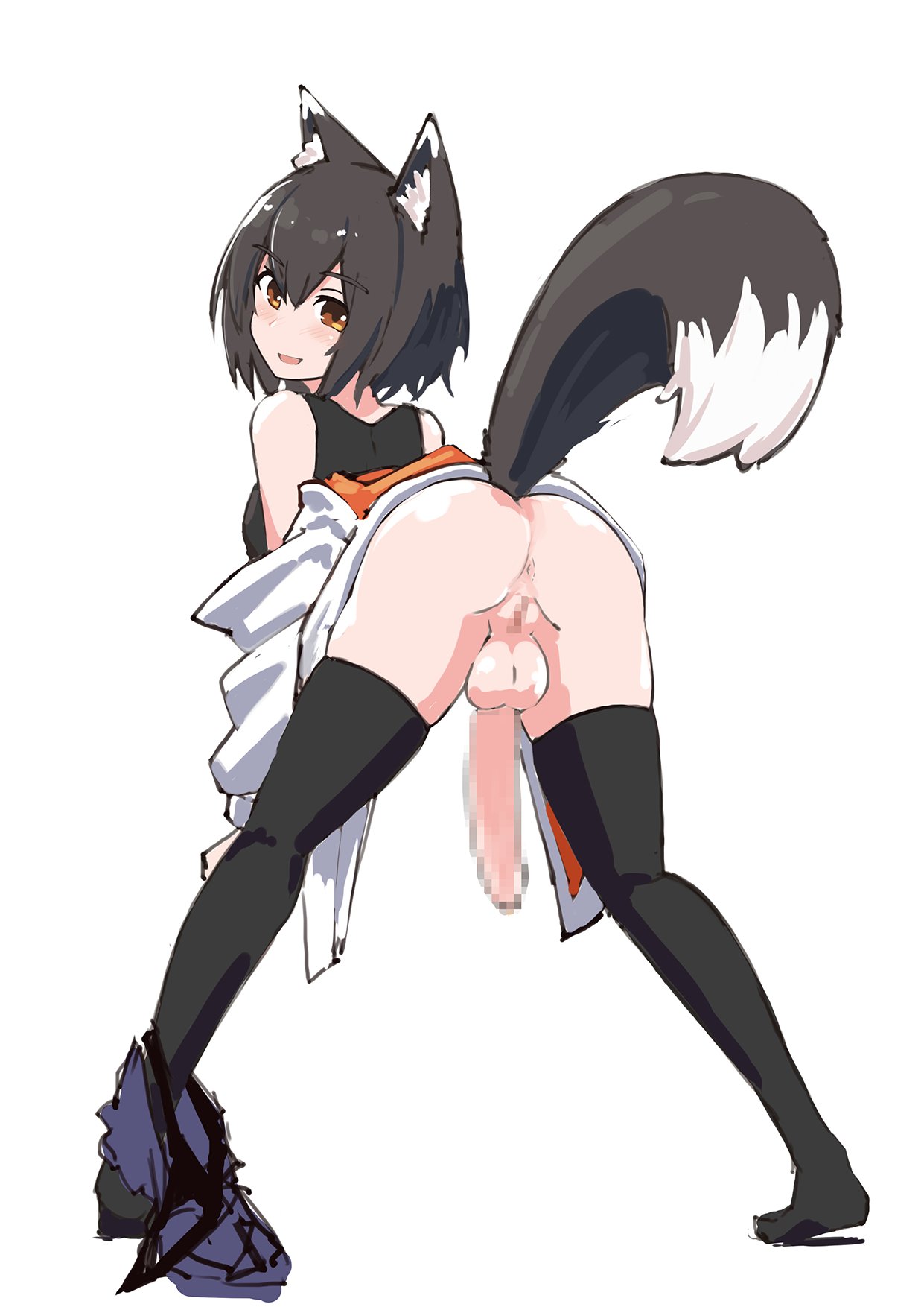 1futa, 2024, animal ears, anus, ass, back, back view, balls, bangs, bent over, big penis, black hair, black shirt, black thighhighs, bottomless, breasts, brown eyes, censored, clothed, clothing, female, flaccid, fox ears, fox girl, fox tail, from behind, full-package futa, futa only, futanari, huge cock, humanoid, humanoid penis, intersex, kemonomimi, light skin, light-skinned futa, looking at viewer, looking back, medium breasts, medium hair, mosaic censoring, mostly clothed, no panties, penis, presenting hindquarters, pussy, shirt, shorts around one leg, shorts down, simple background, skirt lift, smile, solo, standing, tail, tank top, testicles, thighhighs, white background, yokosuji coyote