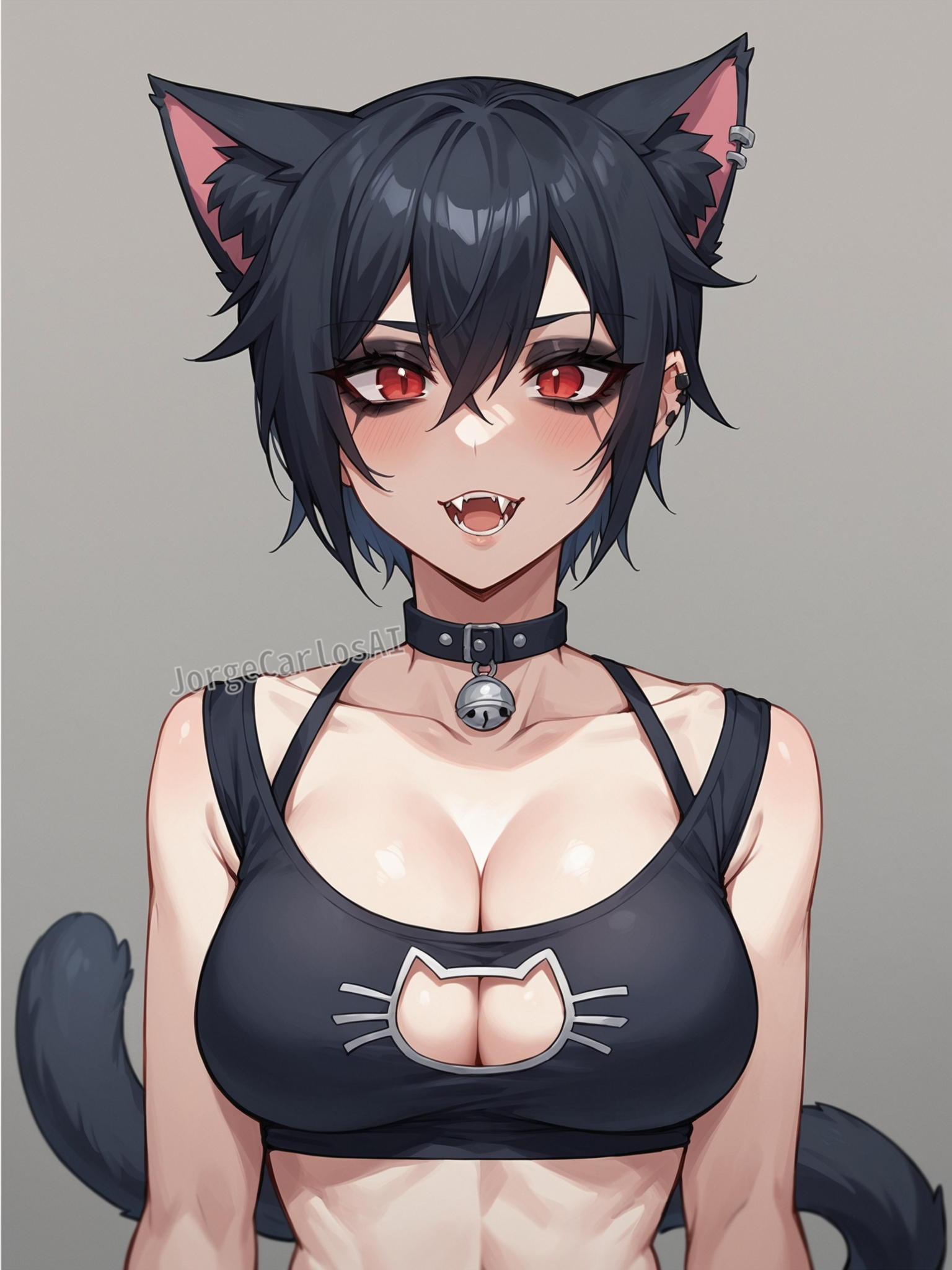 ai generated, big breasts, black fur, black hair, breasts, cat cutout, cat ears, cat girl, cat tail, catgirl, cleavage, cleavage cutout, cleavage window, cute, fangs, female, goth, goth girl, gothic, jorgecarlosai, open mouth, portrait, red eyes, tagme