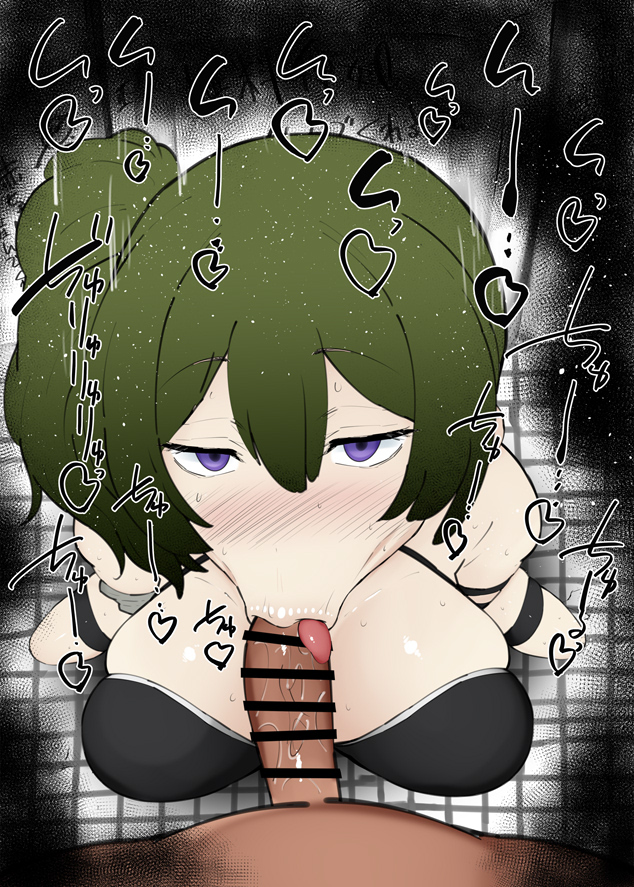 :>=, 1boy, 1girls, bare shoulders, big breasts, big penis, blowjob, blush, breasts, censored, dark skin, dark-skinned male, detailed background, drooling, eyelashes, fellatio, female, footwear, green hair, heart, human, indoor, indoors, kurotama, legwear, looking at viewer, male, male pov, oral, oral sex, penis, ponytail, pov, purple eyes, saliva, shiny, shiny skin, short hair, sketch, sound effects, sousou no frieren, squatting, stockings, text, tied hair, tongue, tongue out, twintails, ubel (sousou no frieren), vein, veins, veiny, veiny penis