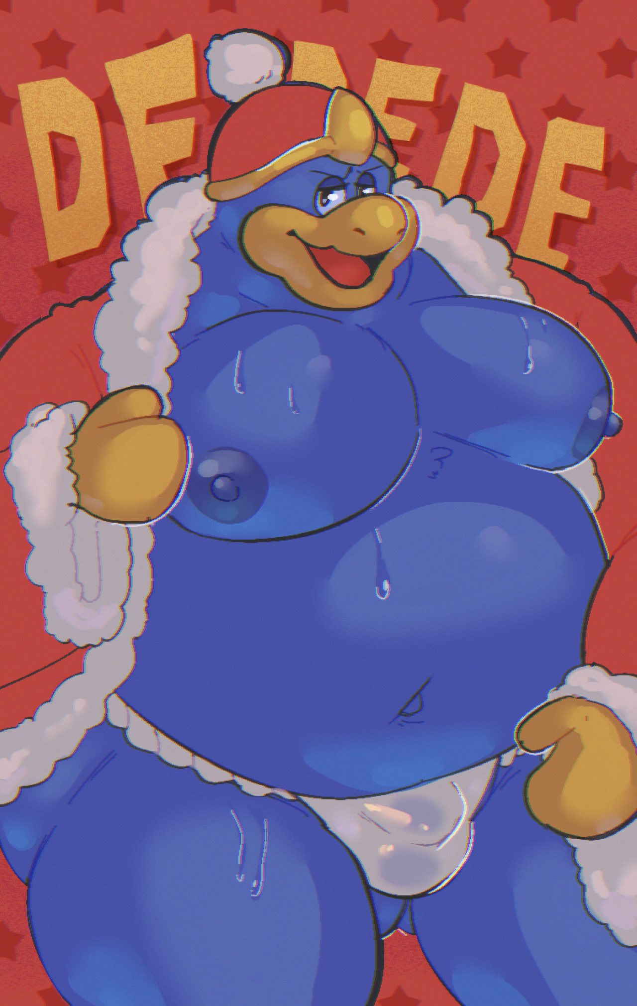 anthro avian balls_outline belly big_belly big_moobs bird blue_body bodily_fluids bulge character_name clothed clothing detailed_bulge fundoshi genital_outline hi_res king_dedede kirby_(series) male male_anthro matchaijuice moobs nintendo nipples overweight overweight_anthro overweight_male penguin penis_outline solo sweat translucent translucent_clothing