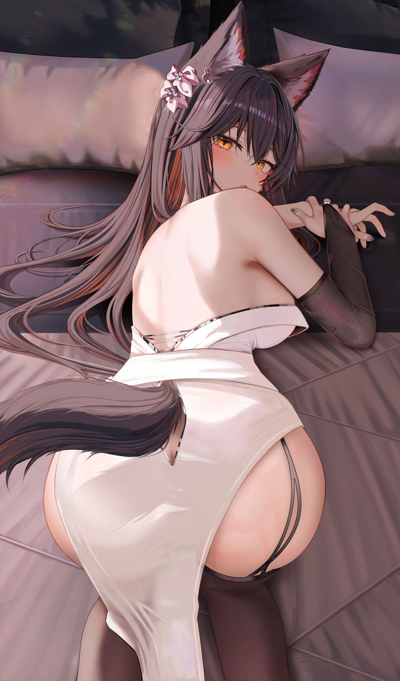 1boy, 1girls, 2024, animal ear fluff, animal ears, arknights, ass, ass focus, bed, bedroom, big breasts, black hair, breasts, bridal gauntlets, doggy style, elbow gloves, female, garter straps, gloves, hi res, indoors, kemonomimi, kneeling, light skin, light-skinned female, long hair, looking at viewer, looking back, male, pussy, ru zhai, sweat, tail, texas (arknights), thighhighs, vaginal penetration, wolf ears, wolf girl, wolf tail, yellow eyes