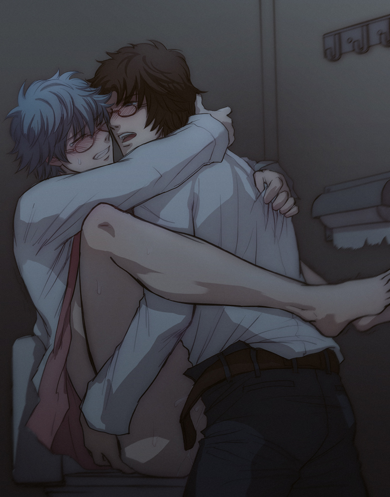 2boys anal anal_sex arm_around_neck barefoot bathroom bathroom_sex bathroom_stall blush bottomless brown_hair class_3-z clenched_teeth clothed_sex embrace gay gintama gintoki_sakata glasses hangleing implied_anal leg_lock male male_only official_alternate_costume open_shirt public_restroom sakamoto_tatsuma silver_hair sweat teacher teachers toilet toilet_paper unbuckled_belt unprofessional_behavior yaoi