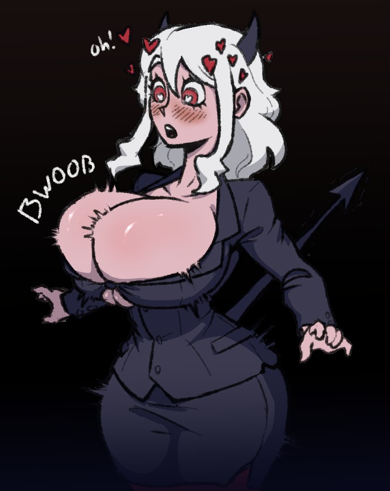 1girls big_breasts breast_expansion breasts demon_horns demon_tail female heart heart-shaped_pupils helltaker modeus_(helltaker) shabingad white_hair