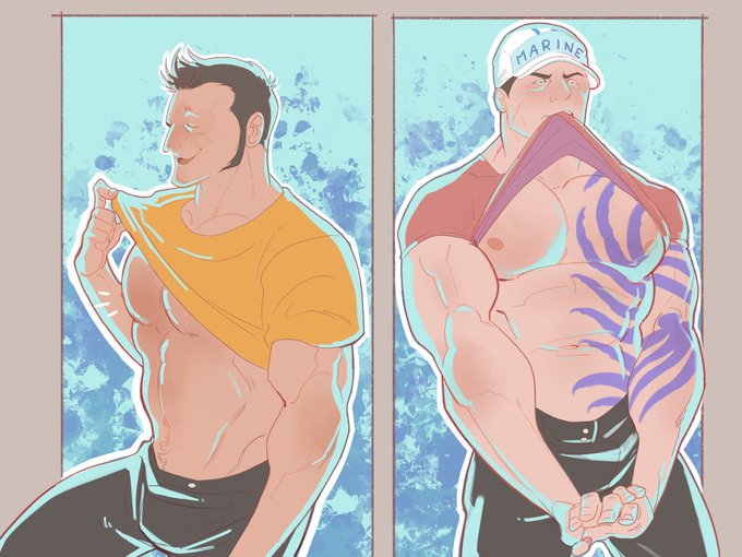 2boys admiral_(one_piece) aged_down akainu arm_tattoo bara bara_tits barazoku borsalino_(kizaru) chest_tattoo gay homosexual irezumi male male_only marine_(one_piece) marinehusbands no_ai one_piece shirt_in_mouth shirt_lift simple_background tattoo yaoi