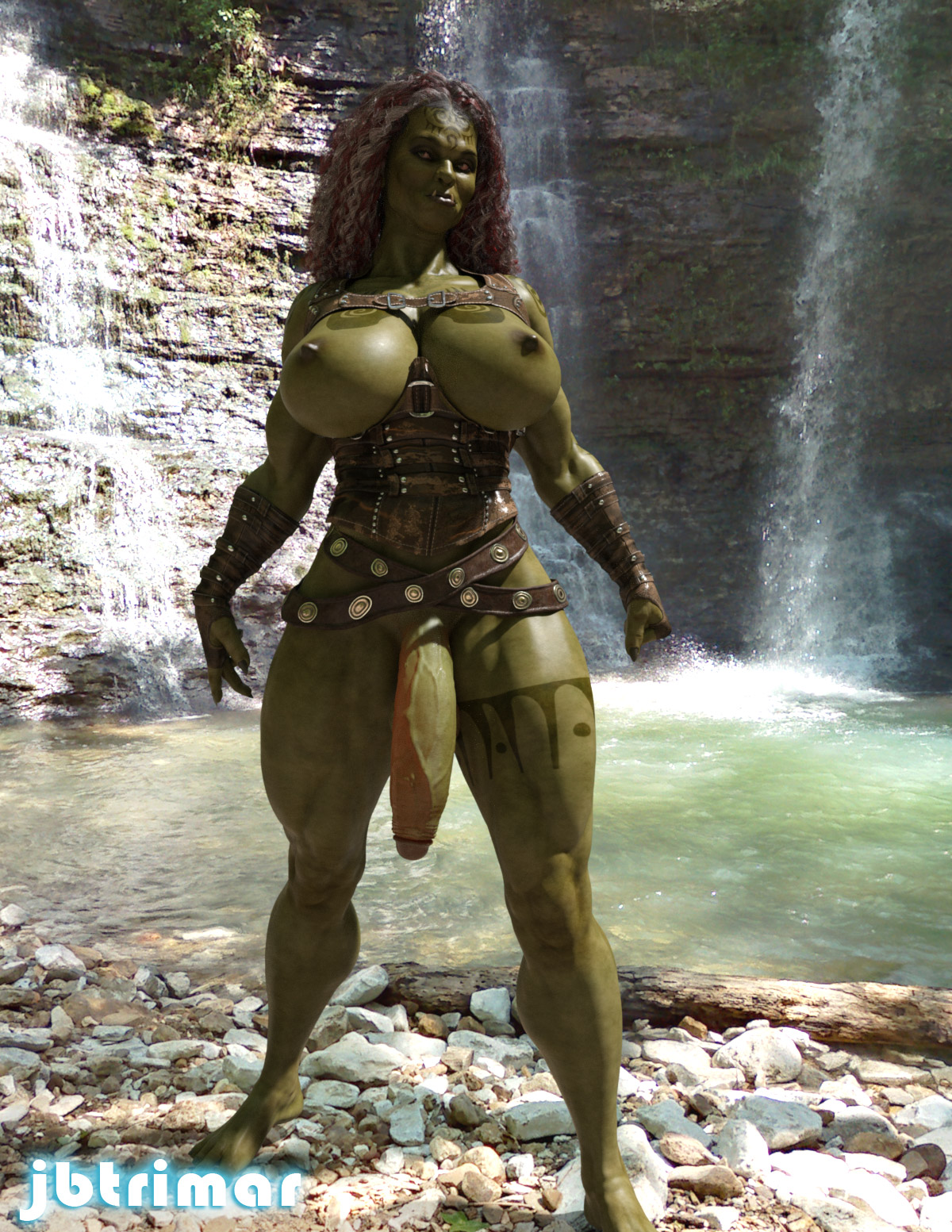 1futa, 2018, 3d, absurdres, areolae, armor, armour, balls, barefoot, belts, biceps, breast cutout, breasts, breasts out, brown hair, club shaped penis, curvy, erect nipples, exposed breasts, eyebrows, facial tattoo, flaccid, futa only, futa sans pussy, futanari, green skin, guska azzakari, hair, half-erect, hands, highres, huge breasts, huge cock, huge penis, humanoid, intersex, jbtrimar, leather armor, leg tattoo, long hair, long penis, muscles, muscular, muscular futa, muscular intersex, muscular legs, muscular thighs, nature, nipples, nose, orc, orc futa, penis, penis to the knees, realistic, solo, solo futa, standing, tattoo, teeth, thick thighs, tribal tattoo, tusks, vambraces, veiny, veiny penis, water, waterfall, wide hips