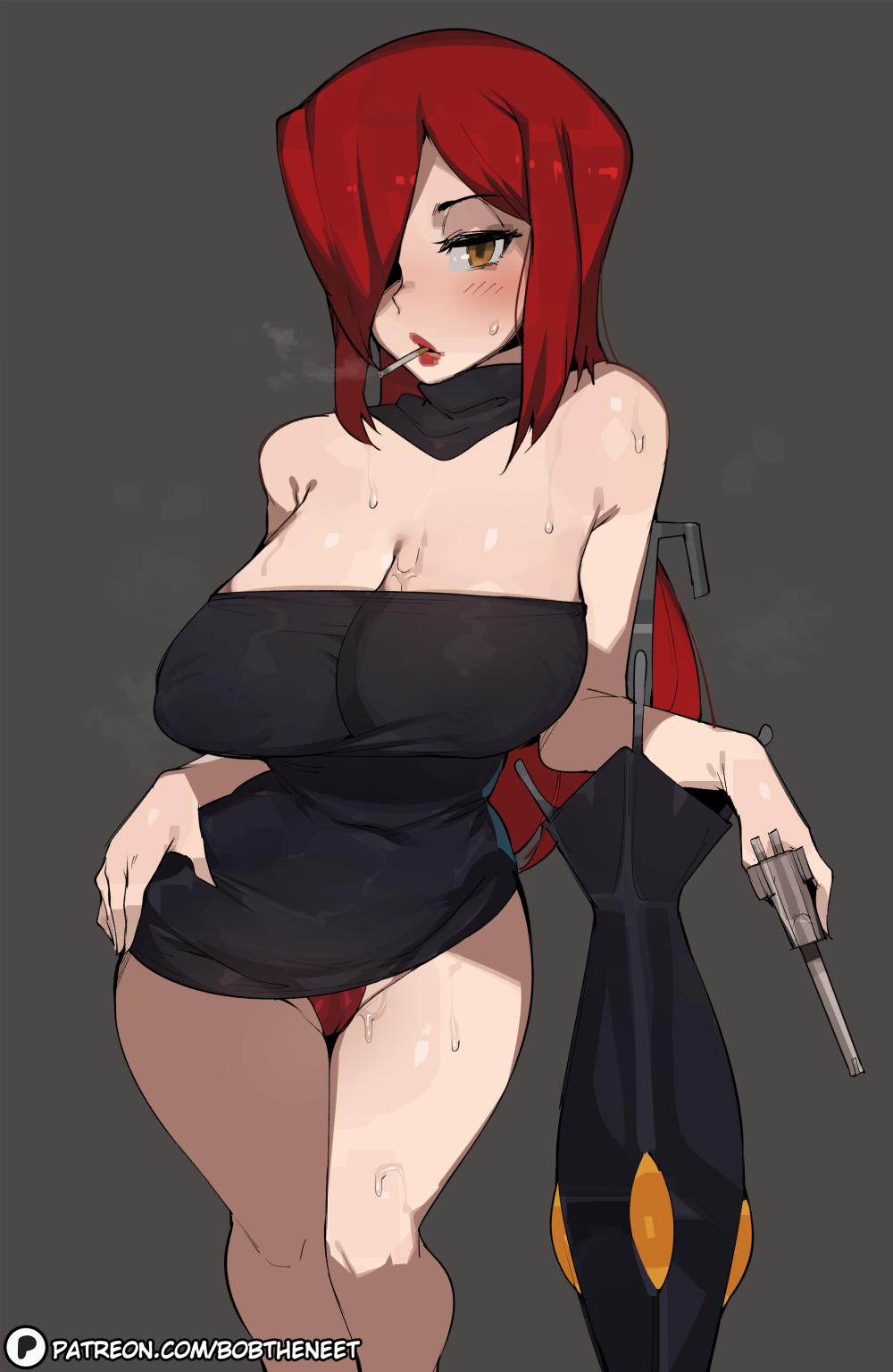 1girls bobtheneet breasts cleavage dress female female_only large_breasts looking_at_viewer parasoul red_hair skullgirls solo thighs wide_hips