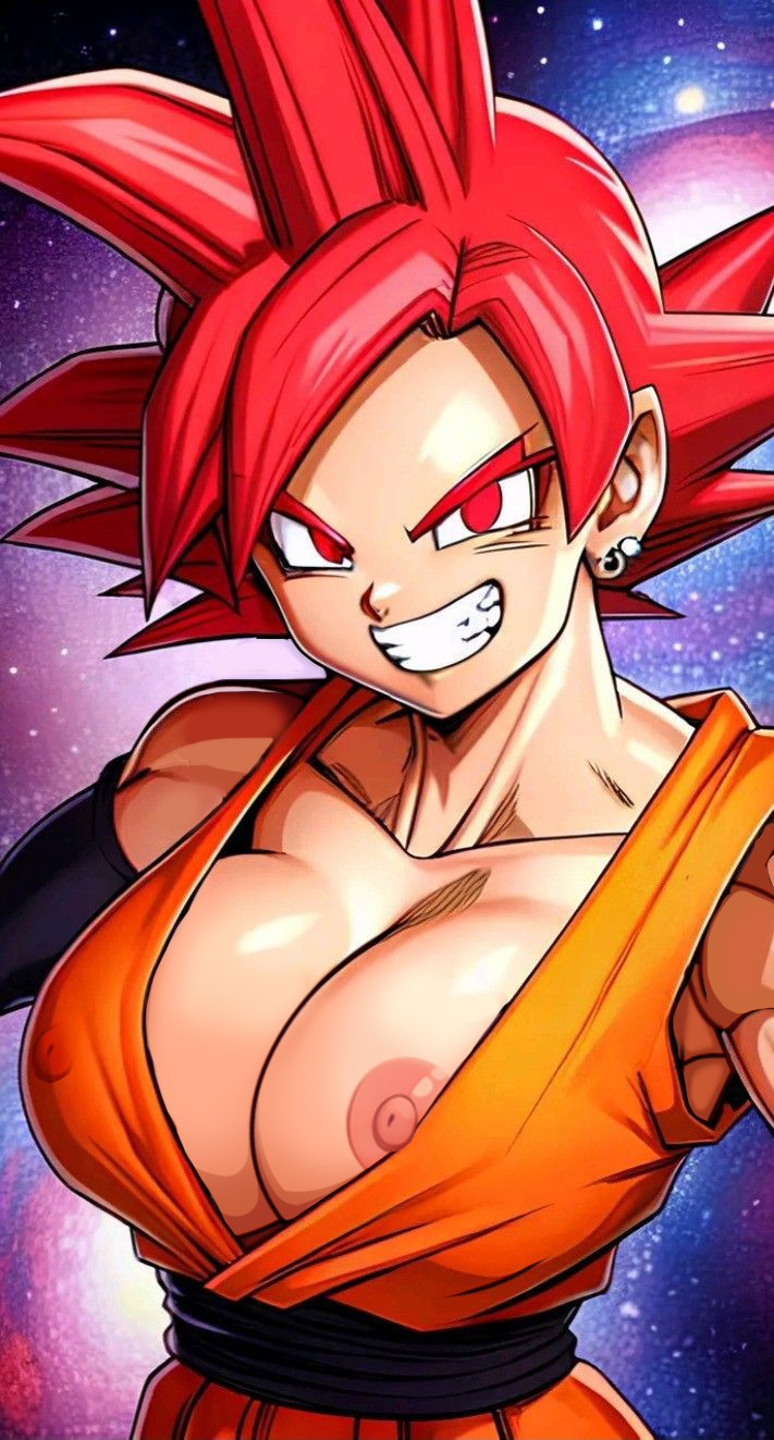 ai_generated dragon_ball_super female_goku female_saiyan genderswap_(mtf) large_breasts looking_at_viewer muscular_female nekom14 nipples no_bra red_eyes red_hair rule63 rule_63 saiyan_girl son_goku super_saiyan_god