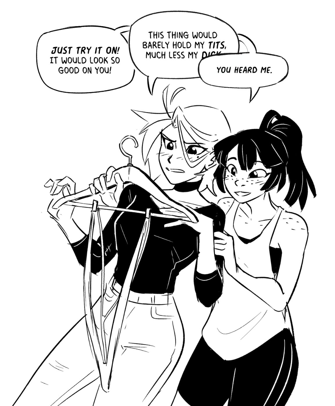 1dickgirl, 1futa, 1girls, actiranger pink (spicymancer), actiranger yellow (spicymancer), actirangers, blush, clothed, clothing, dark hair, dialogue, dickgirl, duo, english text, female, freckles, freckles on face, freckles on shoulders, fully clothed, futanari, hair, human, implied futa, intersex, light hair, sling bikini, slingshot swimsuit, spicymancer, standing, swimsuit, text, tied hair, trans woman, transfem, yuri
