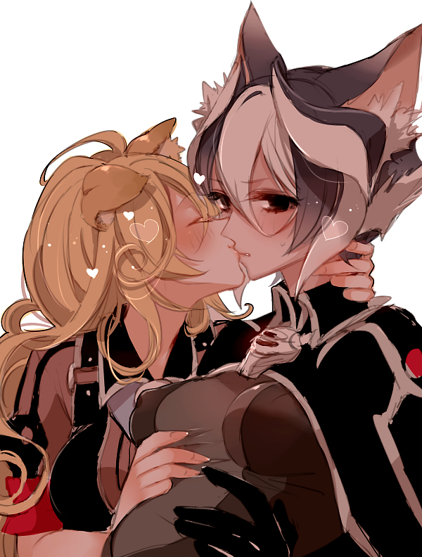 2girls black_and_white_hair black_eyes blonde_hair blush breast_grab cat_ears cat_girl dog_ears dog_tail female female_only fully_clothed hair_between_eyes heart kissing long_hair looking_at_viewer lyza_(made_in_abyss) made_in_abyss mamaloni medium_breasts nipple_bulge ozen short_hair two_tone_hair wholesome yuri