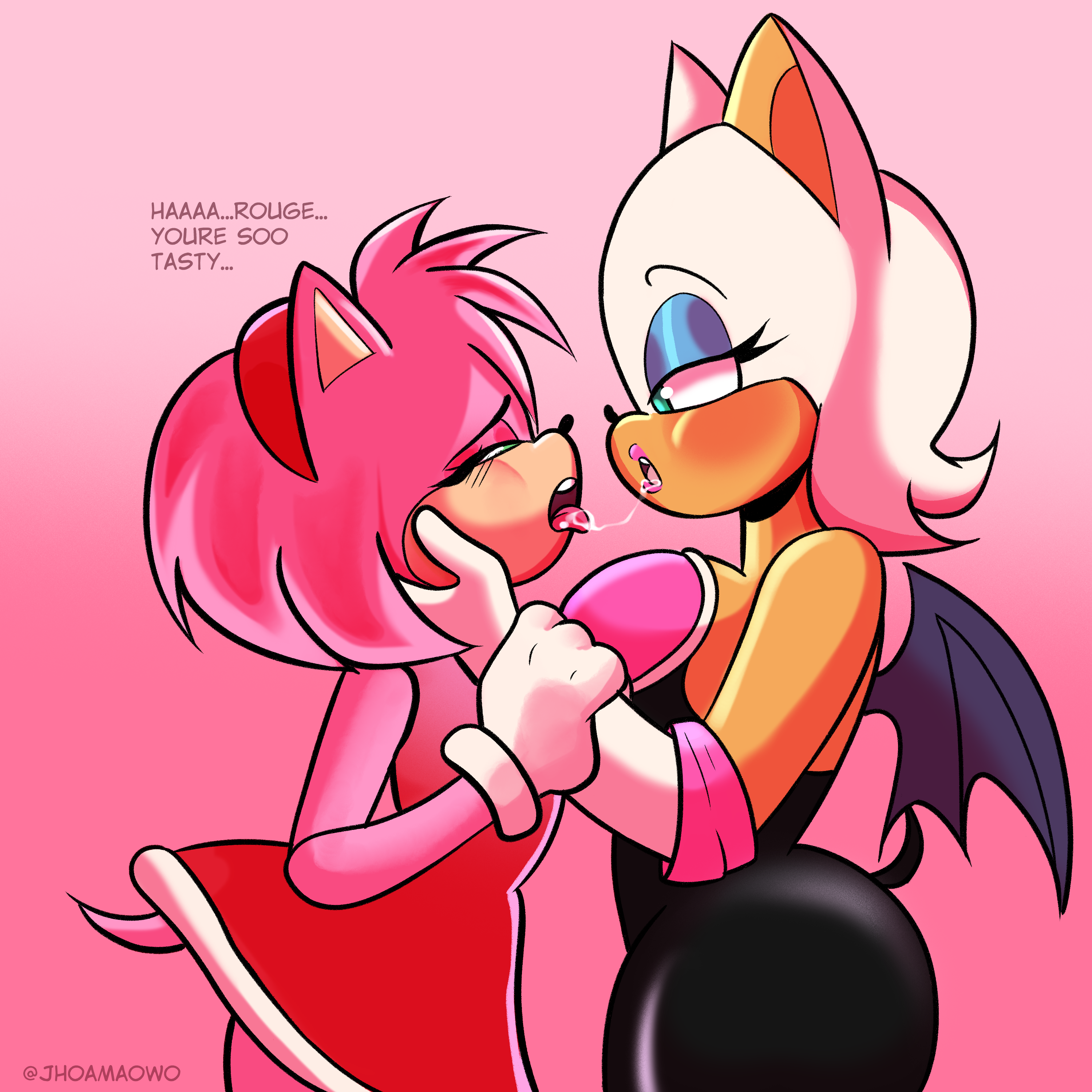 2girls, amy rose, artist jhoamaowo, bat, big, big ass, big breasts, drawing, face grab, french kiss, from side, furry, furry female, hedgehog, illustration, kissing, lesbian kiss, rouge the bat, saliva trail, sega, sideboob, sloppy kiss, sonic (series), sonic the hedgehog (series), yuri