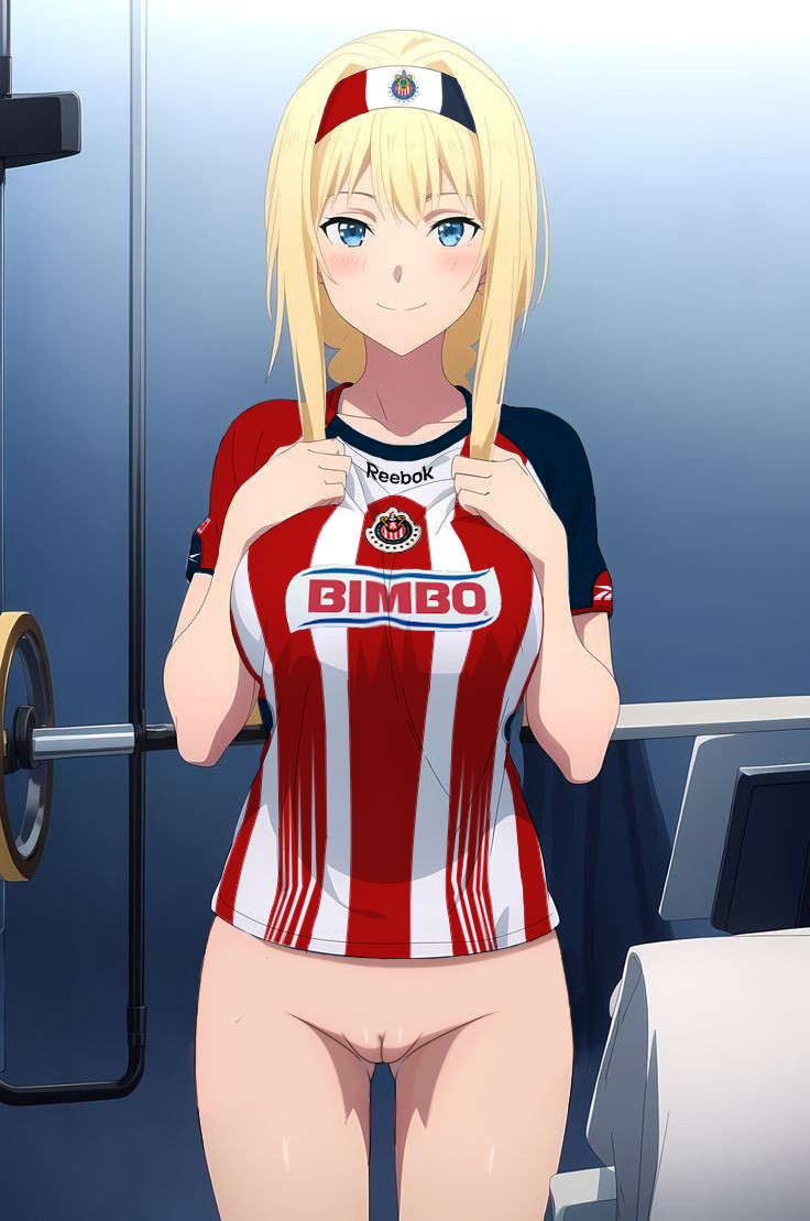 ai_generated alice_schuberg bimbo_(bakery) blonde_hair blue_eyes bottomless club_deportivo_guadalajara grupo_bimbo gym large_breasts looking_at_viewer nekom14 no_panties pussy reebok smile soccer_jersey sword_art_online sword_art_online:_alicization