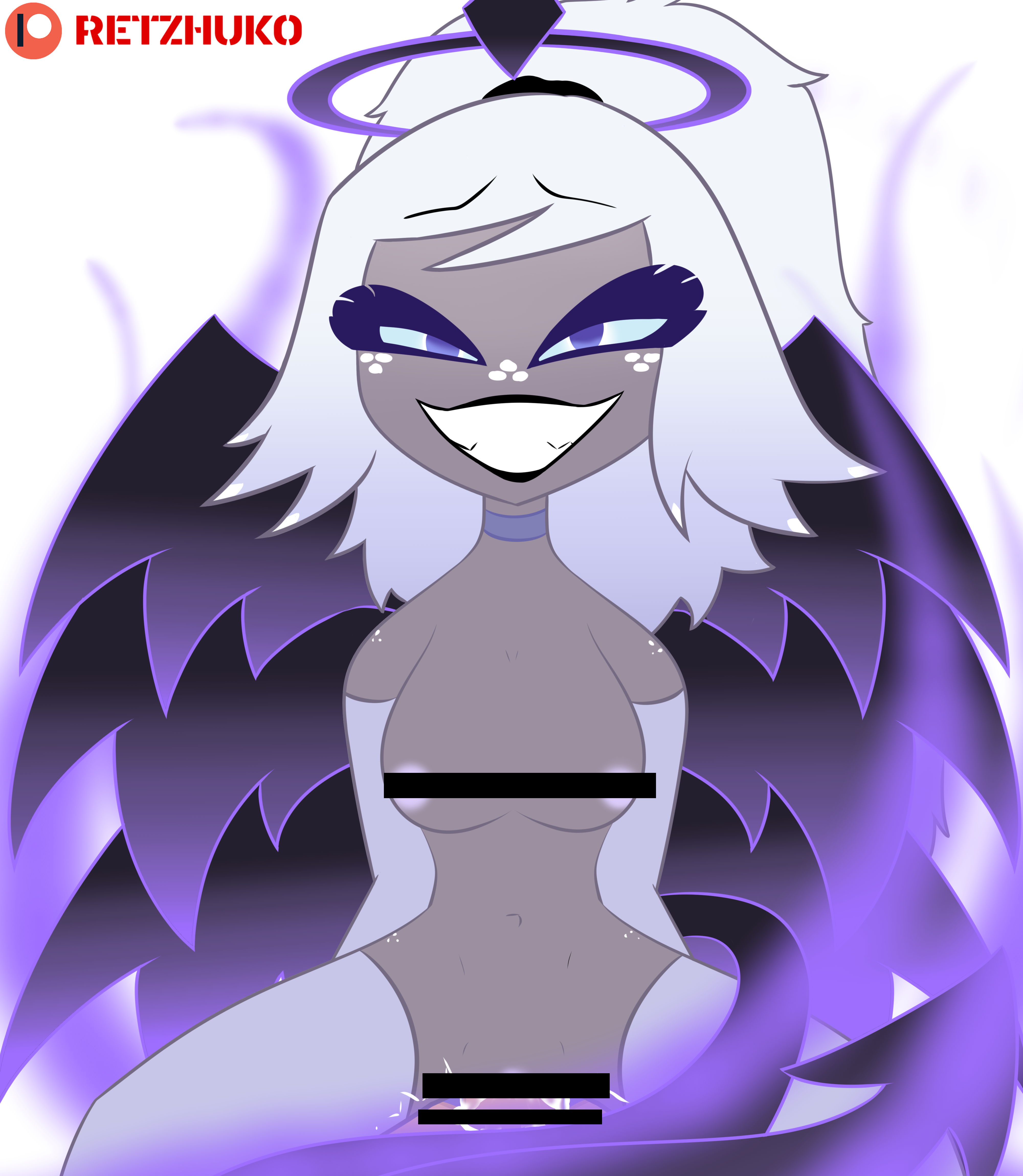 1boy, 1girls, accurate art style, censor bar, censored, corruption, demon, demon tail, emily (hazbin hotel), female, grey skin, grin, grinning at viewer, hazbin hotel, male, male pov, penis, pov, pov crotch, pov eye contact, pov male, retzhuko (artist), smile, succubus, tail around penis, transparent background, transparent png