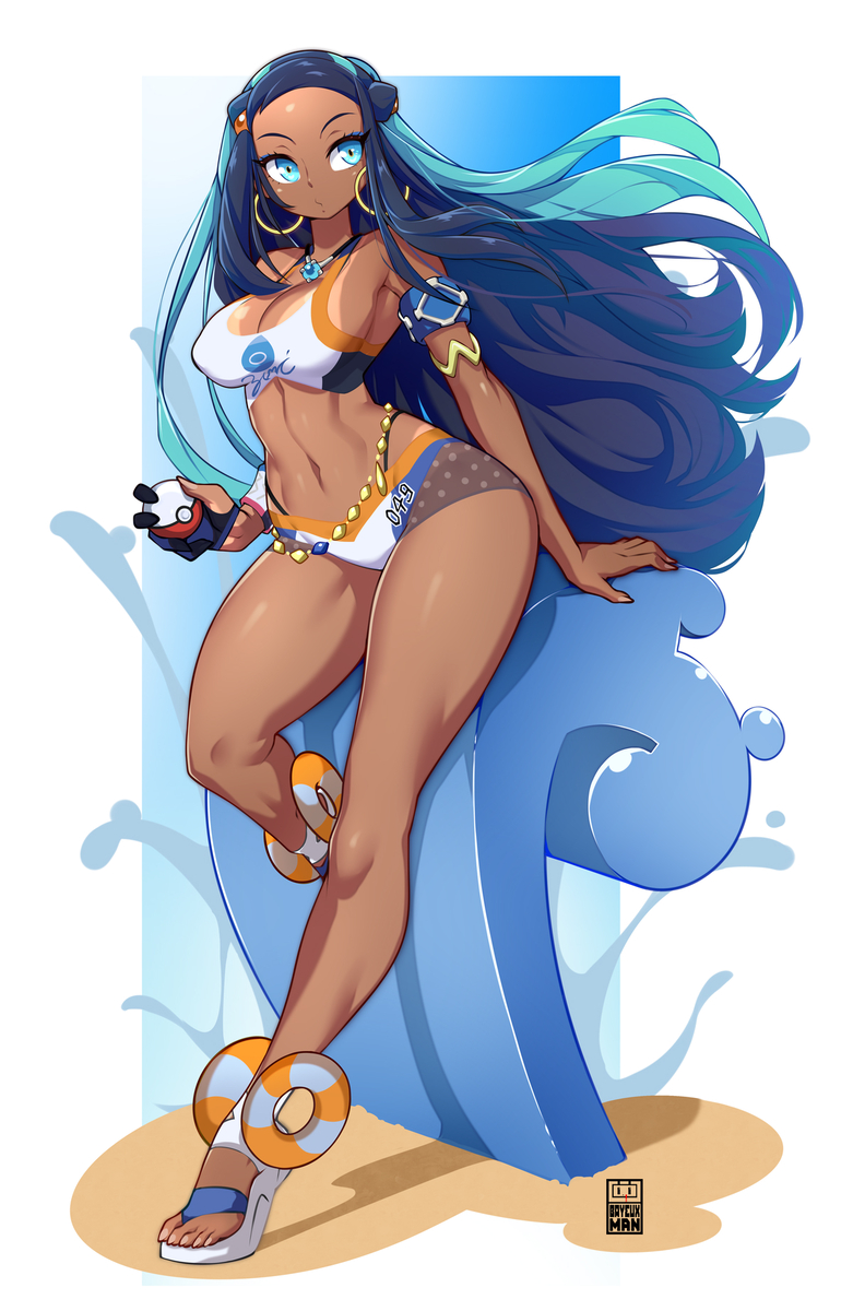 1girls, bare arms, bare legs, bare shoulders, bare thighs, bayeuxman, big breasts, black hair, blue eyes, breasts, clothed, clothing, color, dark skin, dark-skinned female, female, female focus, female only, game freak, gym leader, hi res, human, jewelry, jpeg, large breasts, long hair, looking at viewer, nessa (pokemon), nintendo, pokeball, pokemon, pokemon ss, pokemon trainer, solo, solo female, standard pokeball, tagme, thick thighs