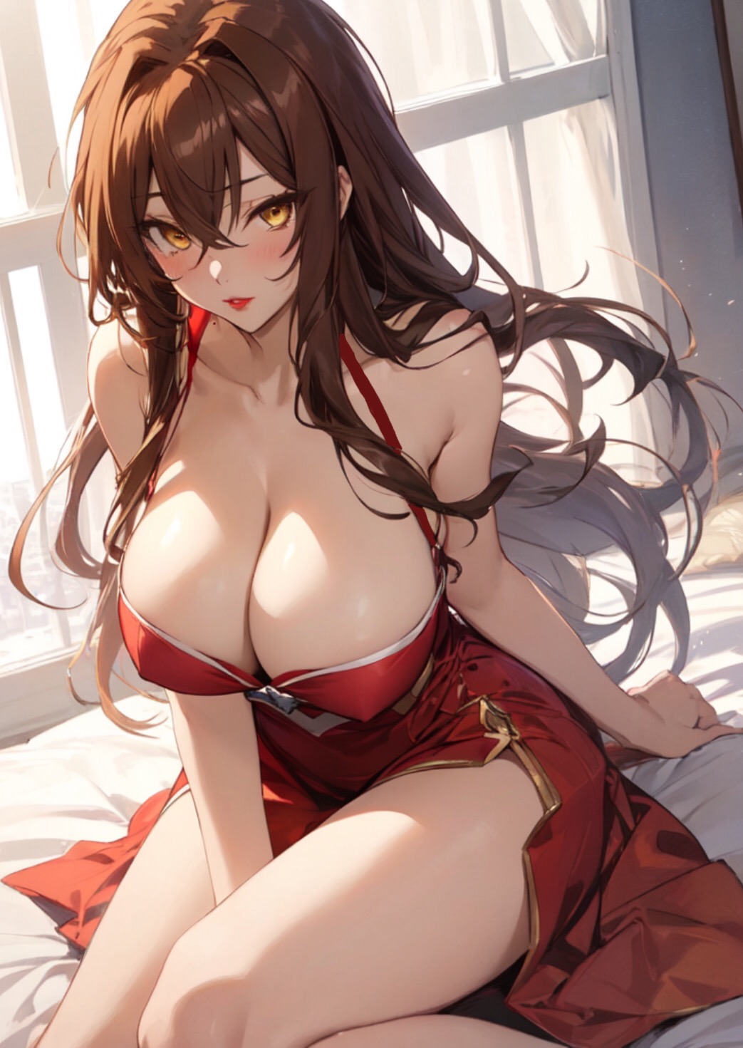 ai_generated blush brown_hair brown_hair_female brunette_hair female_issei high_school_dxd horny horny_female messy_hair red_dress red_lips very_long_hair