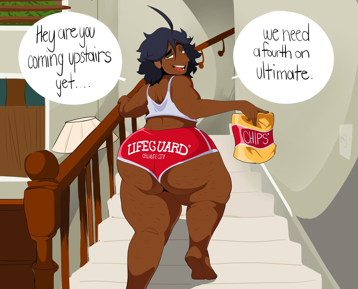 2020, 2d, 2d (artwork), ass, barefoot, barrybbeesly, big ass, blue hair, booty shorts, bottom heavy, brown eyes, cellulite, chips, clothed, clothed female, curved nose, dark skin, dark-skinned female, dialogue, gamer girl, half-dressed, holding object, indian, indian female, inviting, looking back, original, original character, pannom (barrybbeesly), shirt, shorts, sleeveless shirt, speech bubble, stairs, t-shirt, talking to viewer, text, thick thighs