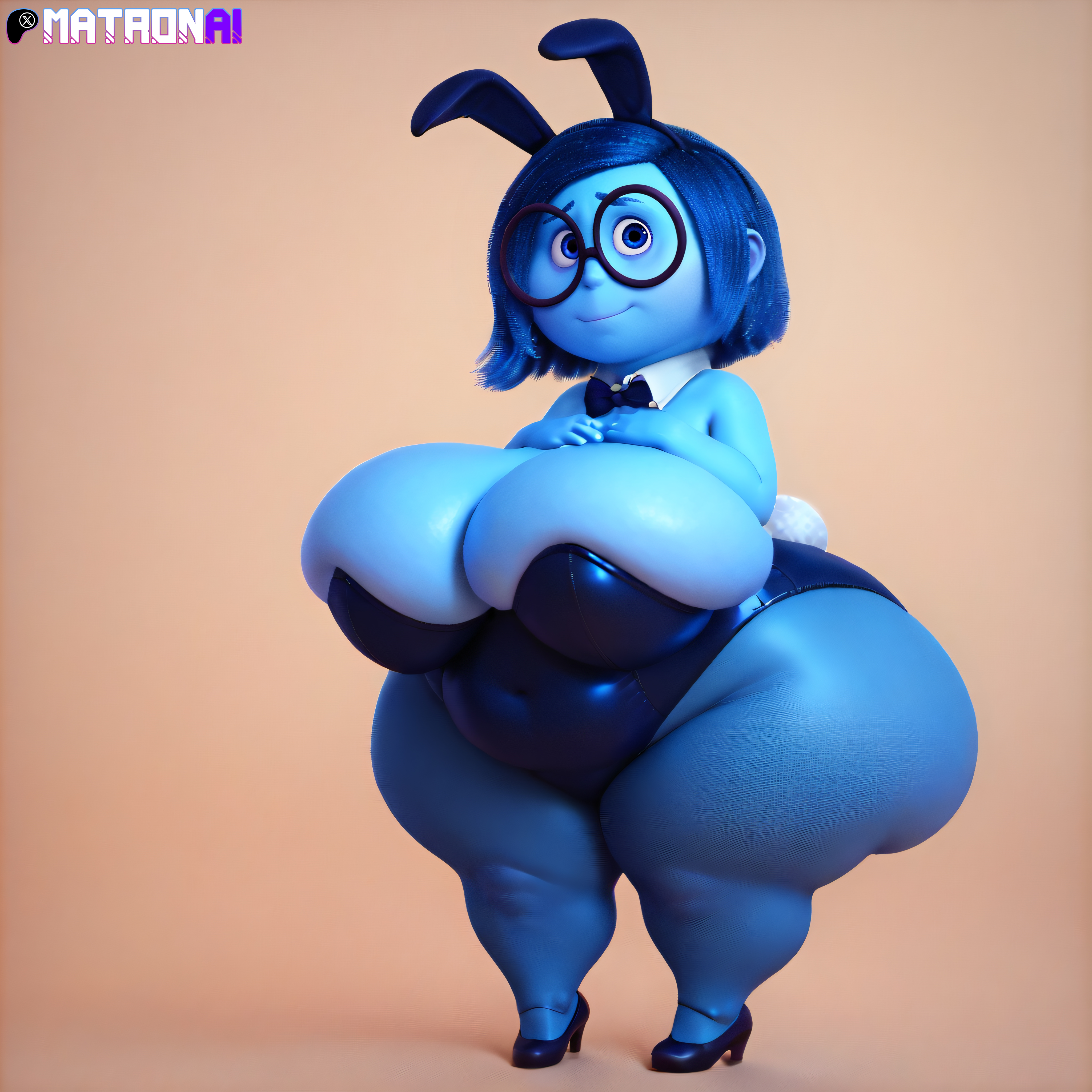 2020s, 2024, 4k, ai generated, ass, bbw, big breasts, blue body, blue hair, blue skin, breasts, bunnysuit, chubby, chubby female, curvy, curvy figure, disney, easter, fat, fat female, female, gigantic breasts, glasses, highres, hips, inside out, massive ass, massive breasts, massive butt, massive thighs, matronai (artist), mature, mature female, obese, obese female, overweight, overweight female, patreon, pinup, pixar, plump, sadness (inside out), shortstack, solo, stable diffusion, thick thighs, wide hips