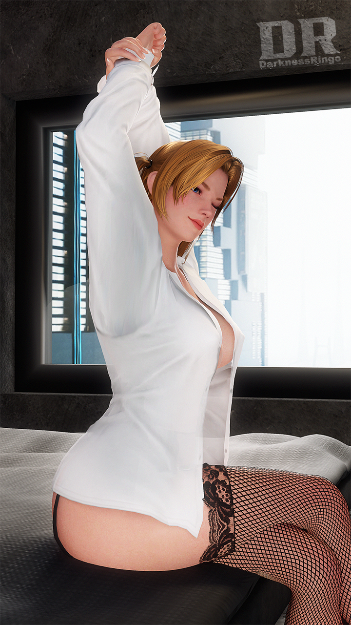1girls 3d 3d_model blonde_hair blue_eyes cityscape darknessringo dead_or_alive dyed_hair female female_focus female_human female_only female_wrestler indoors light-skinned_female light_skin lingerie morning ponytails solo solo_female stockings tecmo texan tina_armstrong waking_up white_shirt winking_at_viewer wrestler