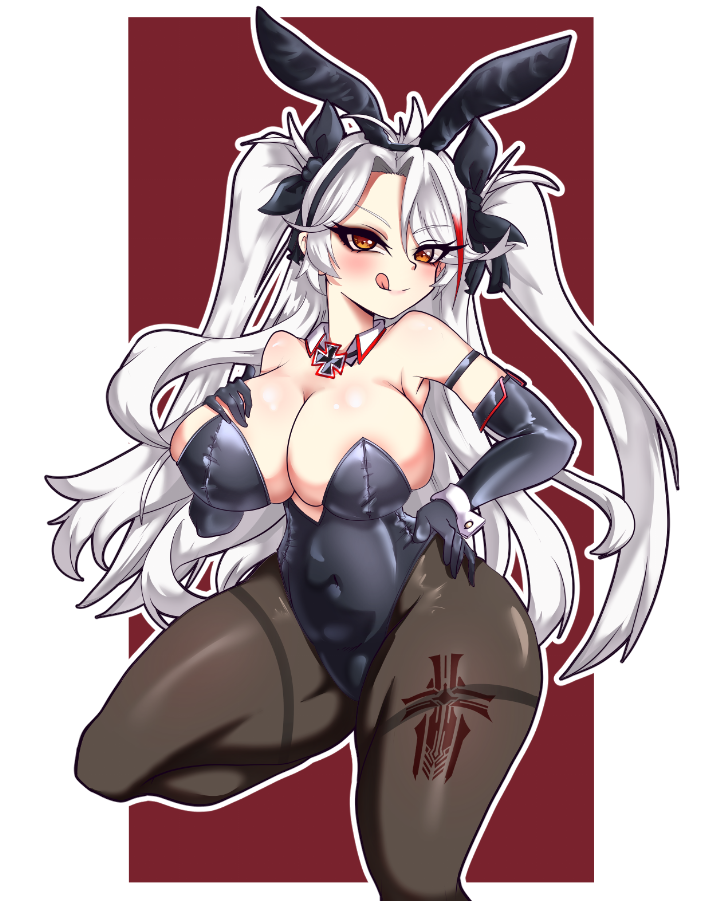 1girls ass azur_lane big_breasts breasts bunny_ears bunny_girl bunnysuit dat_ass fake_animal_ears female female_focus hand_on_hip huge_ass huge_breasts large_breasts light-skinned_female light_skin looking_at_viewer maebari miyako_noh nipples prinz_eugen_(azur_lane) smile standing white_hair