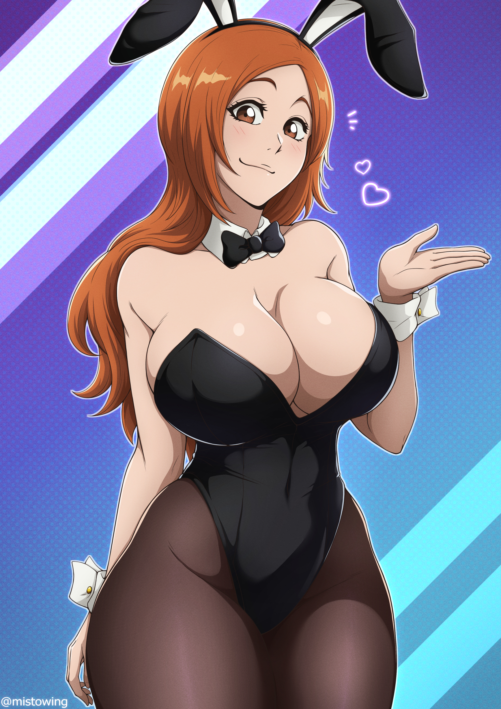 1girls, absurdres, animal ears, barely contained, barely contained breasts, barely fits, black leotard, bleach, blush, bow, bowtie, breasts, breasts too big, brown eyes, bunny ears, bunnysuit, bursting breasts, cleavage, detached collar, fake animal ears, female, highleg, highleg leotard, highres, imminent wardrobe malfunction, inoue orihime, large breasts, leotard, long hair, mistowing, orange hair, overflowing breasts, pantyhose, parted bangs, playboy bunny, rabbit ears, straining clothing, strapless, strapless leotard, thighs, tight clothes, tight clothing, tight fit, too tight, undersized clothes, undersized clothing, wrist cuffs