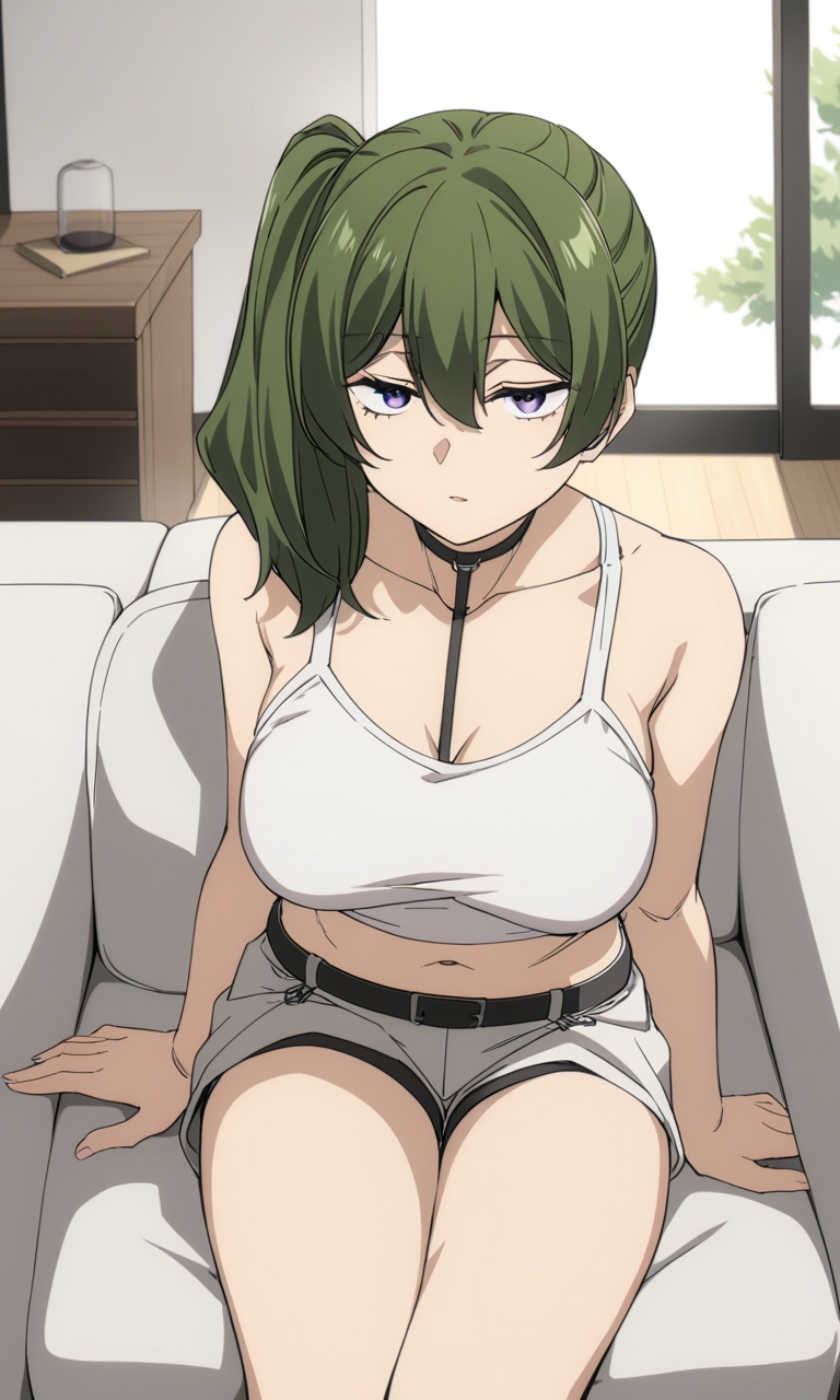 1girls, ai generated, breasts, couch, female, female only, green hair, looking at viewer, shirt, sitting, sousou no frieren, tagme, ubel (sousou no frieren)
