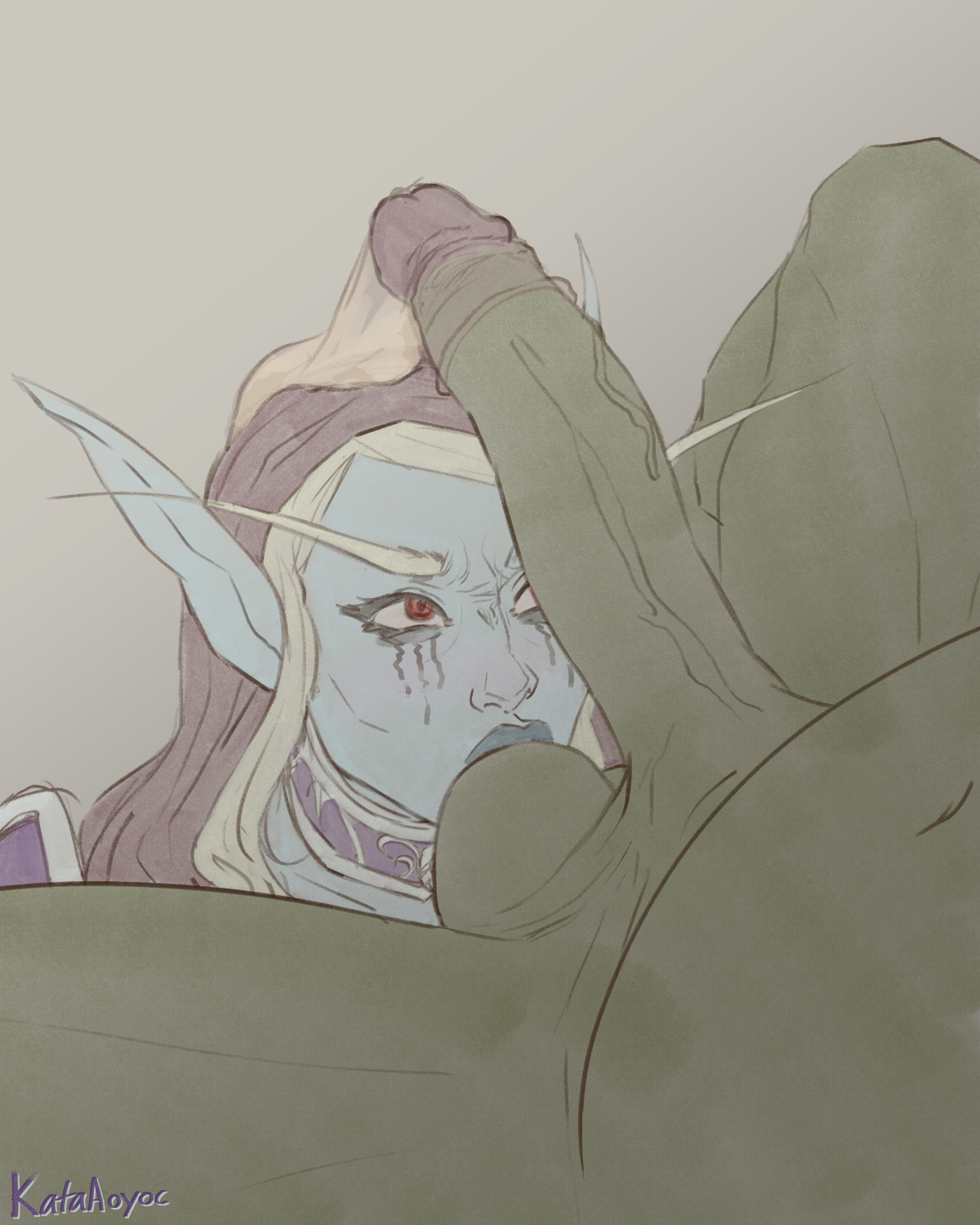 1boy, 1girls, angry, angry fellatio, angry sub, balls, big penis, blizzard entertainment, blue skin, condom, elf female, fellatio, female, femsub, filled condom, green skin, interspecies, kataaoyoc, male, maledom, orc, orc (warcraft), orc male, orced, penis, penis on face, runny makeup, slave, straight, submissive female, sucking balls, sucking testicles, sylvanas windrunner, testicles, undead, undead (warcraft), used condom, warcraft, world of warcraft, wow