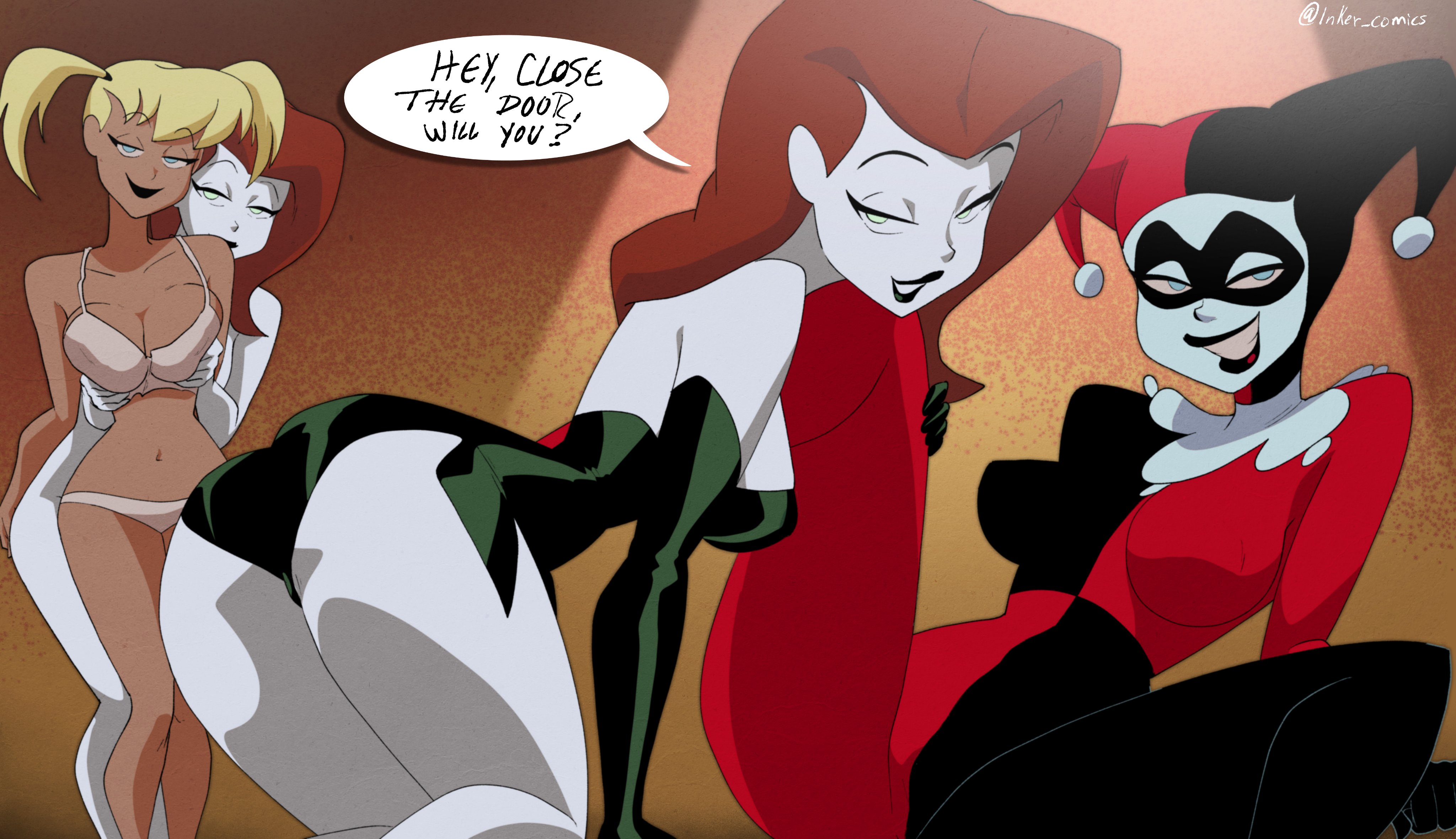2d, 2girls, accurate art style, alternate version available, ass, batman (series), batman: the animated series, big breasts, black lipstick, blonde hair, bodysuit, bra, breast grab, breasts, clothed, clothed female, color, coolerinker, dc, dc comics, dcau, duo, english text, female, female only, full color, harleen quinzel, harley quinn, harley quinn (classic), inker comics, inkershike, jester, jester hat, light skin, light-skinned female, multiple females, multiple girls, navel, non-nude, pale skin, pale-skinned female, panties, poison ivy, poison ivy (dcau), red hair, seductive look, speech bubble, strapless dress, suggestive, talking to viewer, the new batman adventures, twintails, villain, villainess