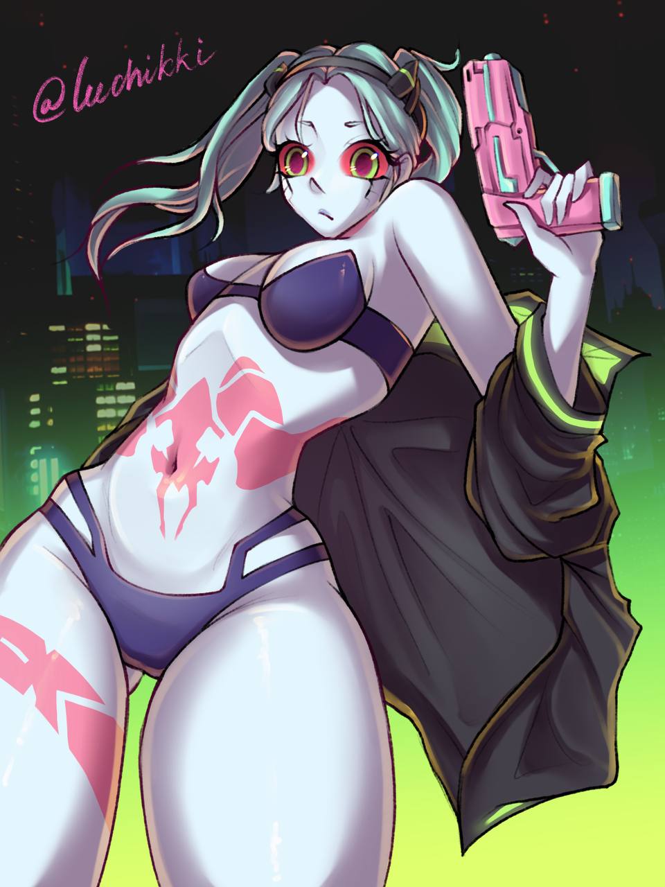blue hair, blue skin, breasts, cd projekt red, clothing, cyberpunk 2077, cyberpunk: edgerunners, female, firearm, gun, handgun, human, jacket, luchikki, outerwear, pale skin, rebecca (edgerunners), red eyes, skinny, small breasts, small eyebrows, small mouth, small nose, solo, swimsuit, tattoo, weapon