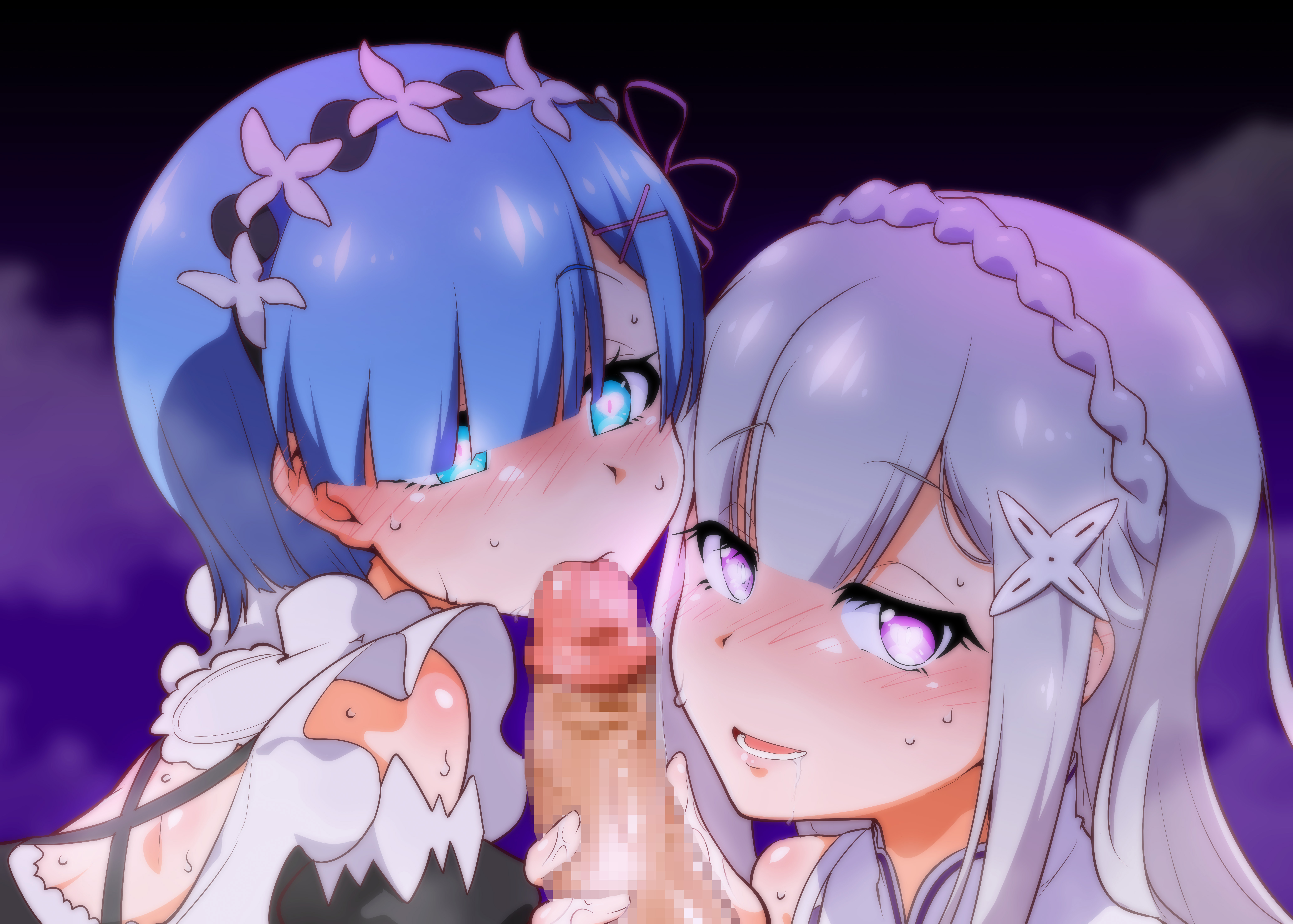 1boy, 2d, 2girls, bangs, blowjob, blue eyes, blue hair, blushing, censored, censored penis, commander (nikke), crossover, drooling, emilia (re:zero), female, goddess of victory: nikke, hair over one eye, heart, heart eyes, heart-shaped pupils, highres, holding penis, maid, maid headdress, maid uniform, male, male pov, matching hair/eyes, mosaic censoring, nude male clothed female, penis, penis in mouth, re:zero kara hajimeru isekai seikatsu, rem (re:zero), roswaal mansion maid uniform, short hair, silver hair, steam, steamy breath, straight, sweating, symbol-shaped pupils, threesome, x hair ornament