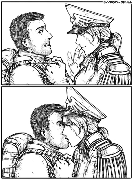 1boy 1girls astra_militarum clothed commissar commissar_raivel gray_skull guardsman_(warhammer_40k) guardswoman_(warhammer_40k) imperial_guard imperium_of_man kissing scar warhammer_(franchise) warhammer_40k wholesome