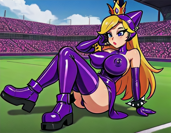 1girls ai ai_generated blonde_hair boots crowd crown dress legwear long_hair mario_(series) mario_tennis nintendo nipple_bulge nipples nipples_visible_through_clothing panties purple_boots purple_dress purple_legwear purple_panties spikes tennis_court wapeach