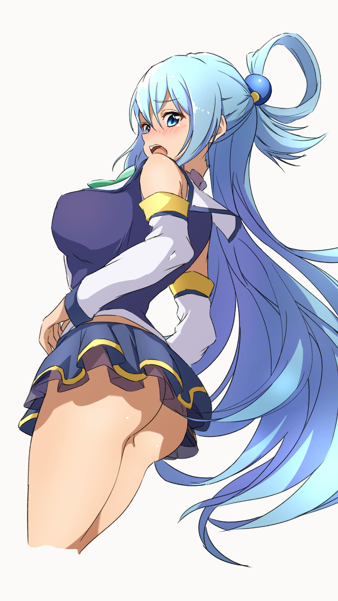 1girls aqua_(konosuba) ass ass ass_focus big_breasts blue_eyes blue_hair breasts embarrassed hair_ornament kono_subarashii_sekai_ni_shukufuku_wo! looking_back nishizuki_shino open_mouth ponytail shoulders skirt thick_thighs thighs upskirt