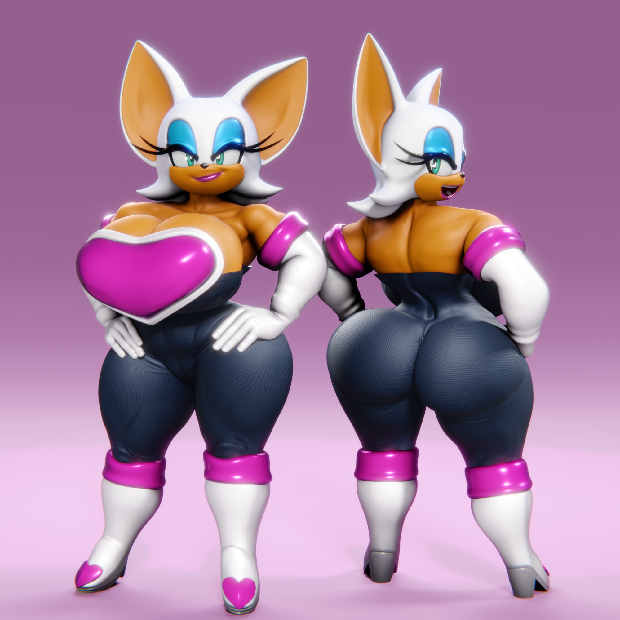 1girls, 3d, 3d model, anthro, ass, big ass, big breasts, big ears, blue eyeshadow, breasts, eyelashes, female, female focus, female only, furry, green eyes, hands on hips, lipstick, looking back, mobian, mobian (species), mobian bat, pink lipstick, rouge the bat, rouge the bat (vulkyasha), sega, smiling, solo, solo female, sonic (series), sonic adventure 2, sonic the hedgehog (series), vulkyasha, wide hips