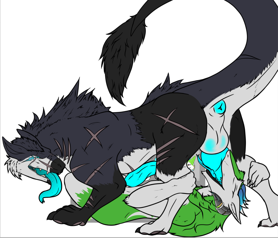 anthro anus black_body black_fur blue_anus blue_flesh blue_penis blue_tongue duo eye_markings felkin fellatio feral fur genitals green_body green_fur horn hybrid kaiwinterpaw(artist) kaiwinterpaw(character) lex_vasili long_tongue male male/male markings oral penile penis scar sergal sex thick_thighs tongue tongue_out white_body white_fur zoophilia