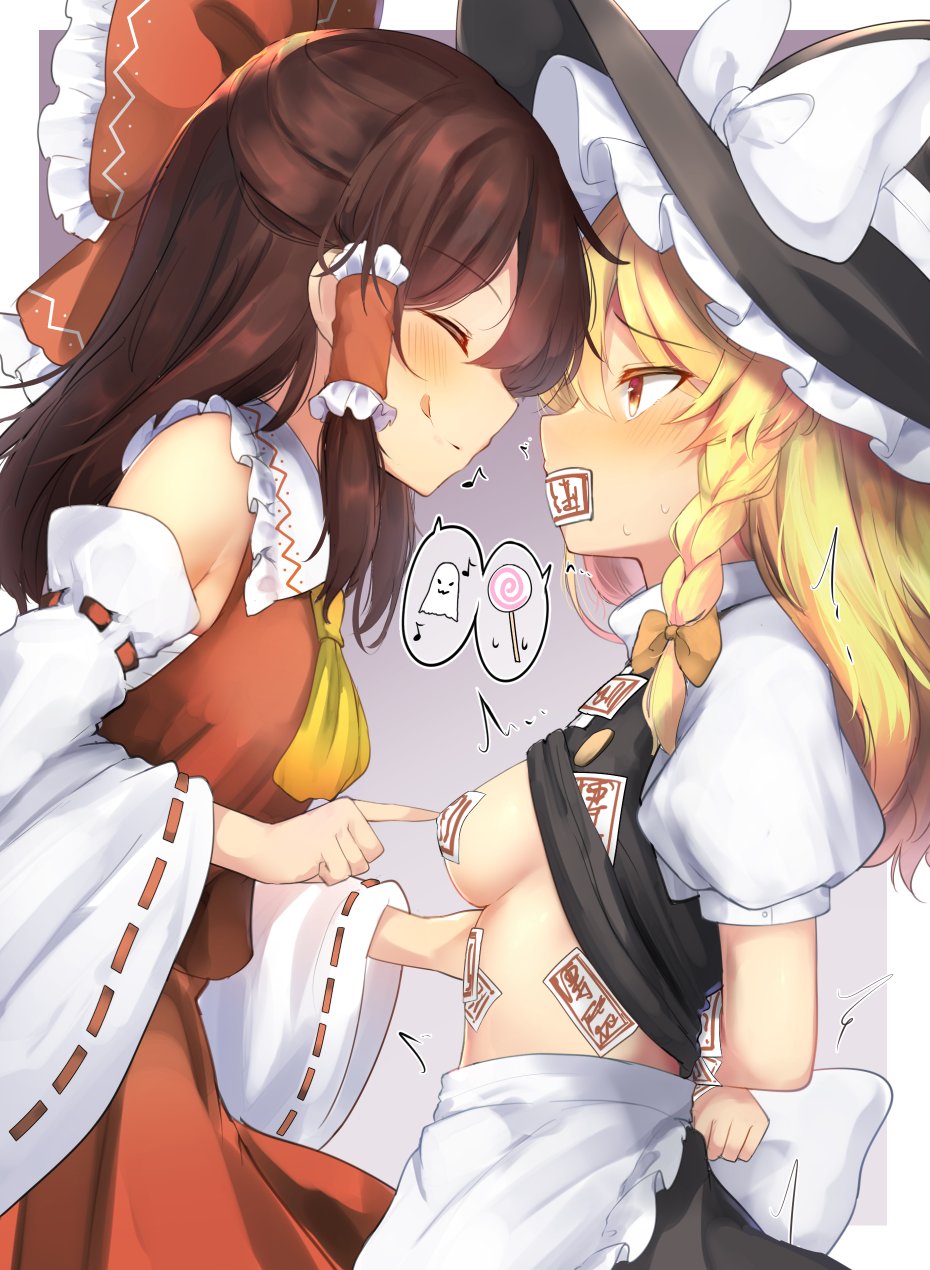 2girls :p apron arms_behind_back ascot back_bow black_headwear black_skirt black_vest blonde_hair blush bow braid brown_hair buttons candy closed_eyes collared_shirt covered_erect_nipples covered_mouth detached_sleeves eye_contact food frilled_bow frilled_hair_tubes frilled_shirt_collar frills frown ghost hair_tubes hairbow hakurei_reimu hat hat_bow hat_ornament highres kirisame_marisa leon0705 licking_lips lollipop long_hair looking_at_another marisa_kirisame multiple_girls musical_note ofuda ofuda_on_clothes ofuda_on_head ofuda_on_nipples pasties pointing puffy_short_sleeves puffy_sleeves red_bow red_eyes red_shirt red_skirt red_vest reimu_hakurei ribbon-trimmed_sleeves ribbon_trim shirt short_sleeves sidelocks single_braid skirt sleeveless sleeveless_shirt smile speech_bubble tongue tongue_out touhou turtleneck vest waist_apron white_apron white_bow white_shirt white_sleeves wide_sleeves witch_hat yellow_ascot yellow_bow yuri