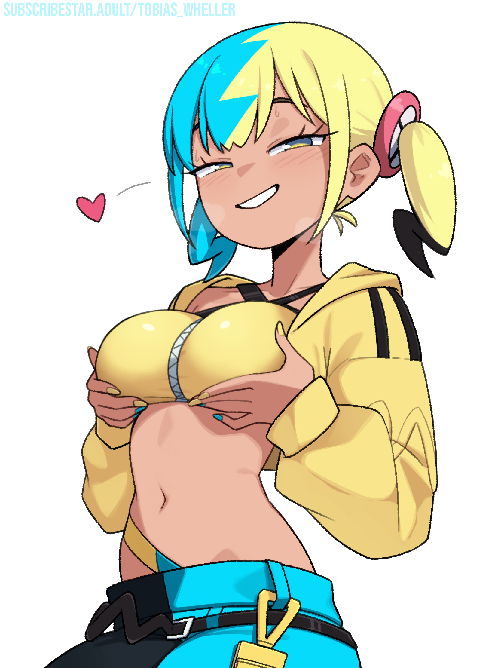 1girls, bandeau, black hair, black mask, black pants, blonde hair, blue hair, blue nails, blue pants, blush, breast lift, breasts, canari (pokemon), canary (pokemon), commentary, criss-cross halter, english commentary, female, halterneck, heart, highres, jacket, long sleeves, looking at viewer, medium breasts, multicolored hair, multicolored nails, nail polish, navel, nintendo, pants, pokemon, pokemon legends: z-a, short twintails, simple background, solo, tan, tobias wheller, twintails, two-tone pants, white background, yellow bandeau, yellow jacket, yellow nails