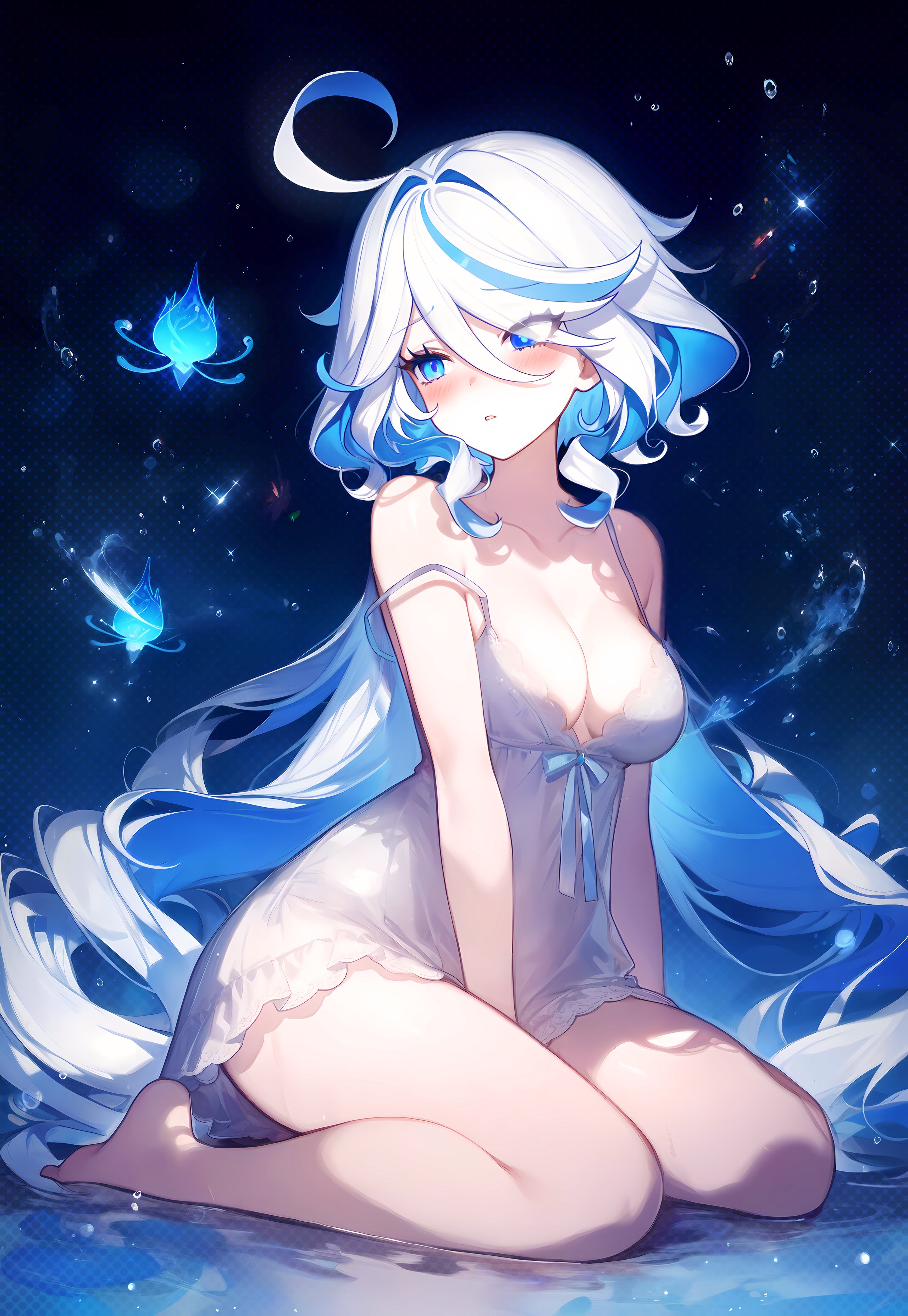 1girls, ai generated, breasts, cleavage, diffirresponsibly, female, female only, furina (genshin impact), genshin impact, high resolution, light skin, light-skinned female, lingerie, medium breasts, solo, thighs, very high resolution, wide hips