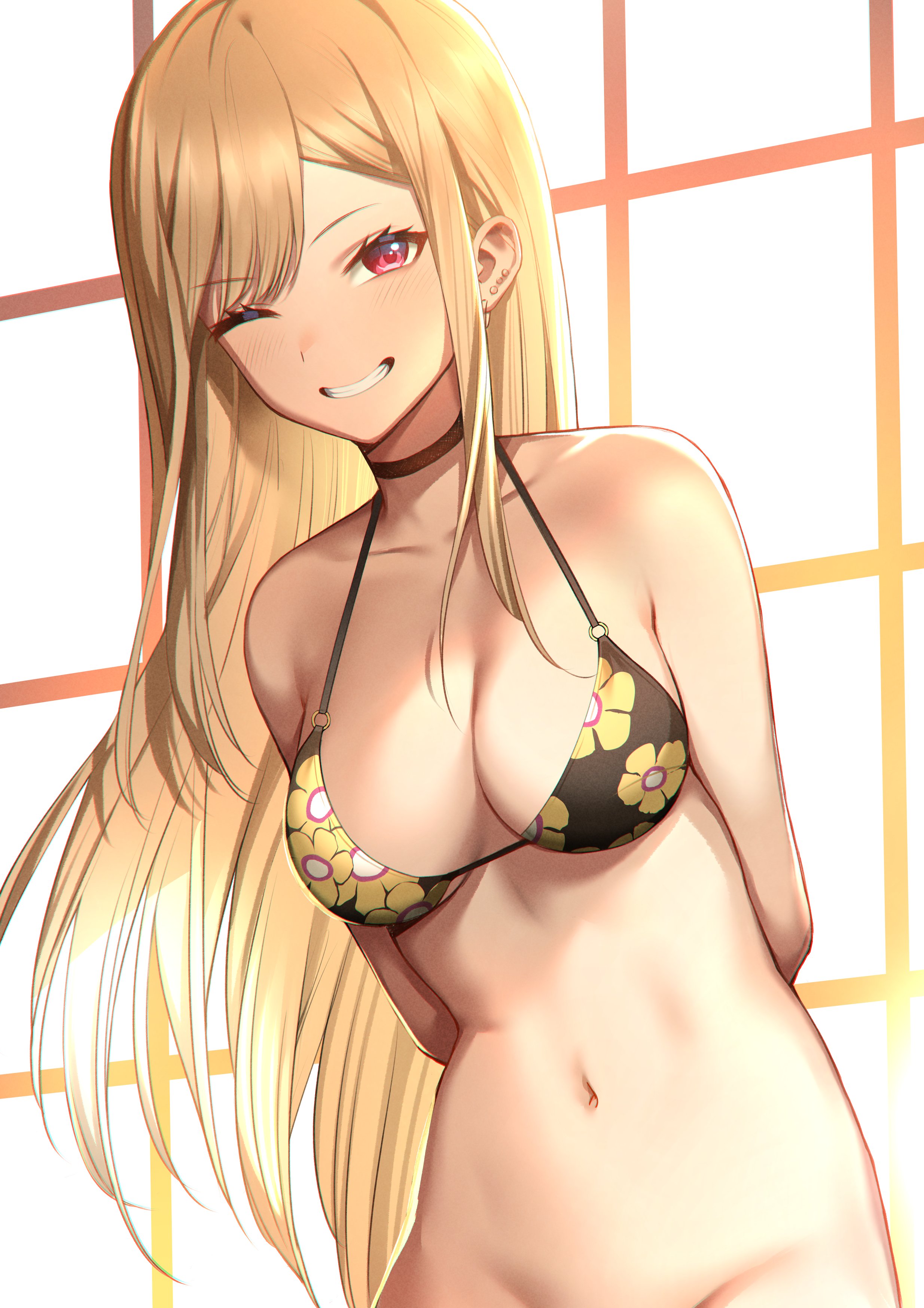 1girls, absurd res, absurdres, arms behind back, bare arms, bare belly, bare chest, bare hips, bare midriff, bare navel, bare shoulders, bare skin, bare torso, belly, belly button, bikini, bikini only, bikini top, bingsardina, black bikini, black bikini only, black bikini top, black choker, black string bikini, black swimsuit, black swimwear, blonde female, blonde hair, blonde-haired female, blush, blush lines, blushing at viewer, blushing female, breasts, choker, cleavage, collarbone, dot nose, ear piercing, earrings, female, female focus, female only, half naked, hands behind back, head tilt, high resolution, high school student, highres, kitagawa marin, light skin, light-skinned female, long hair, looking at viewer, medium breasts, naked, naked female, navel, nude, nude female, o-ring, o-ring bikini, o-ring bikini top, one parted bangs, red eyes, red-eyed female, schoolgirl, shoulders, simple background, slender body, slender waist, slim female, slim waist, smile, smiling, smiling at viewer, solo, sono bisque doll wa koi wo suru, standing, string bikini, student, swimsuit, swimwear, teenage female, teenager, thin waist, tilted head, upper body, white background