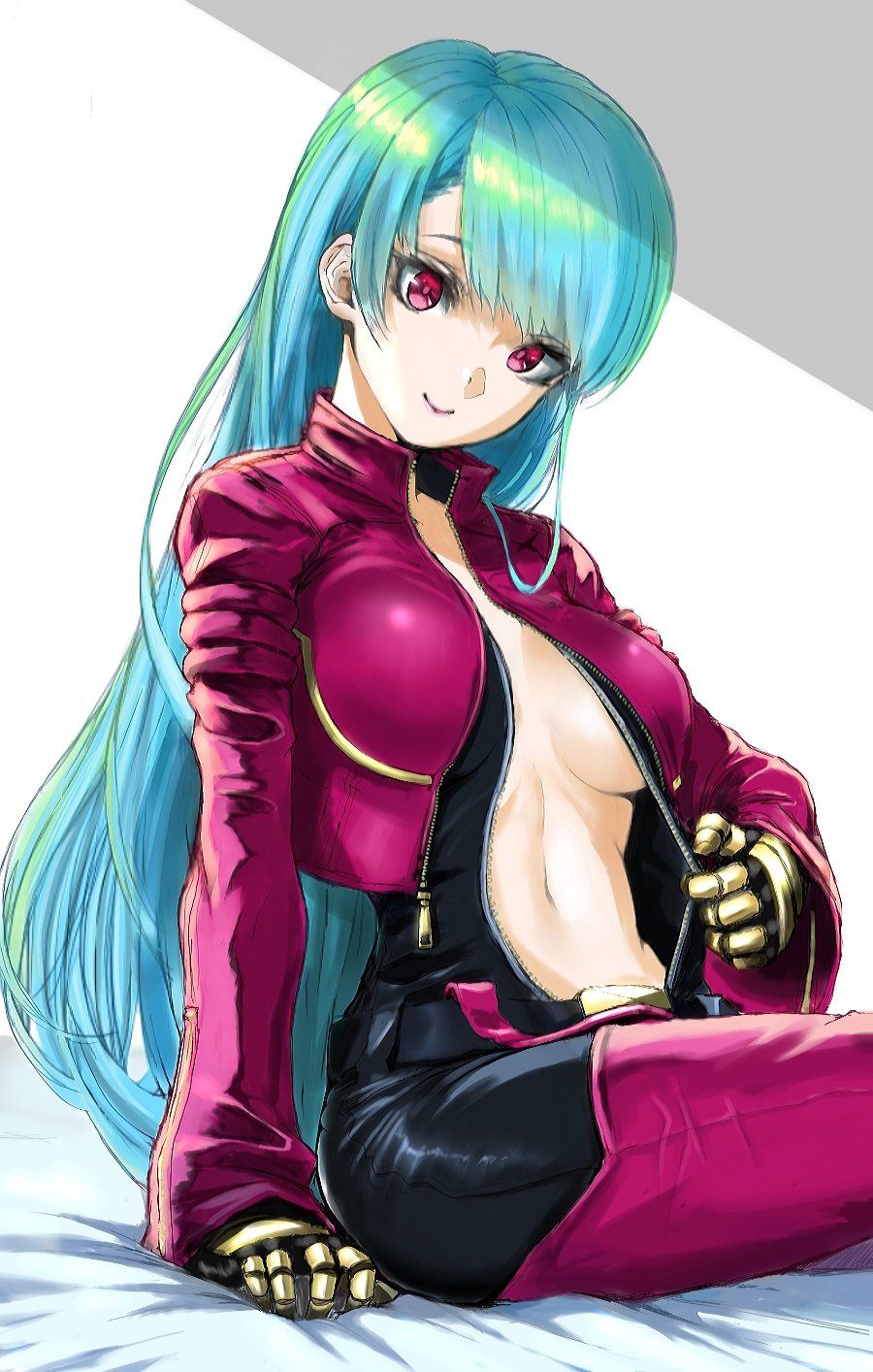 1girls anagumasan bed big_breasts blue_hair bodysuit breasts female female_only indoors king_of_fighters kula_diamond light-skinned_female light_skin on_bed pink_eyes smile snk solo unzipped unzipped_bodysuit